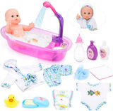 deAO poppenbadset, interactieve pop van 33 cm, poppenbad, poppenspeelset met fopspeen, poppenkleding, badjas, poppenluiers, badkuip en functionele douchespray