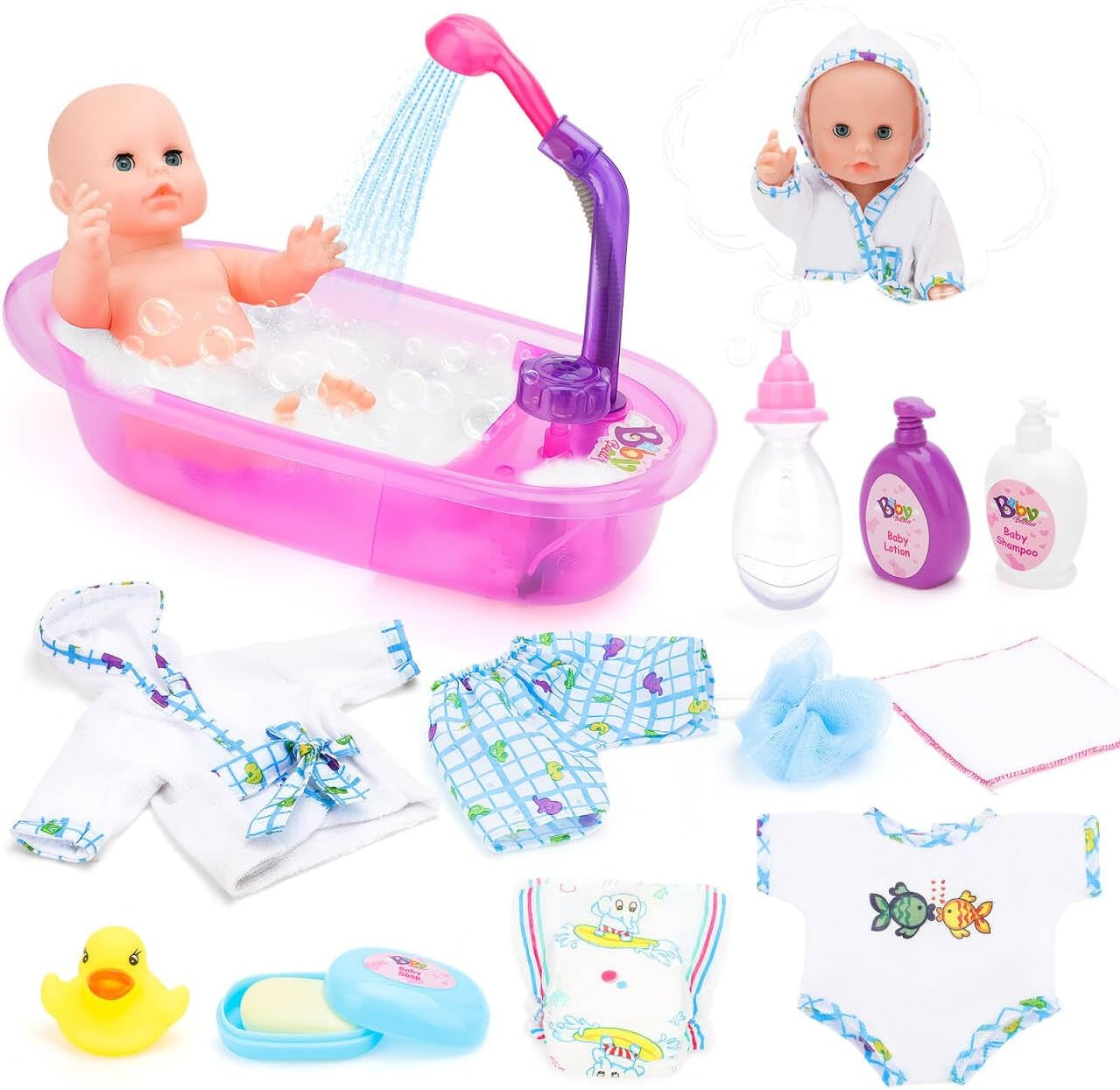 deAO poppenbadset, interactieve pop van 33 cm, poppenbad, poppenspeelset met fopspeen, poppenkleding, badjas, poppenluiers, badkuip en functionele douchespray