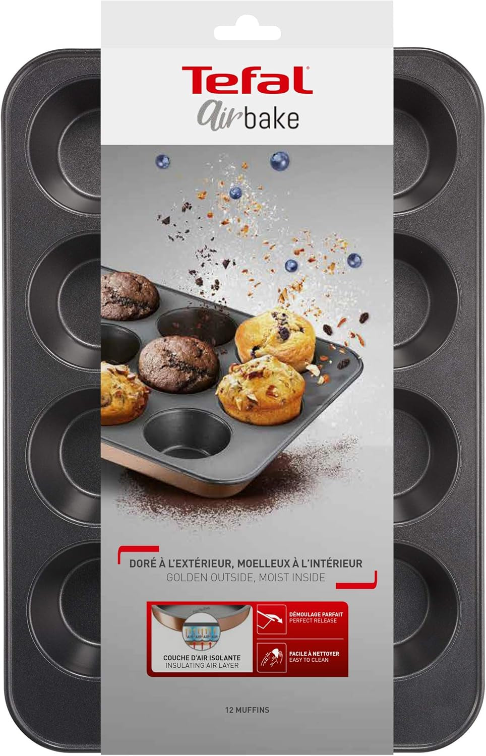 Tefal Airbake J2555014 Muffinform, Antihaftbeschichtung, Karbonstahl, Braun, 29 X 41 Cm Vormen en bakplaten Naty Shop