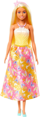 Koninklijke Barbie-pop met mooi haar met kleurrijke strengen, kleurrijke accessoires, gele top en vlinderrok, HRR09 Naty Shop-poppen