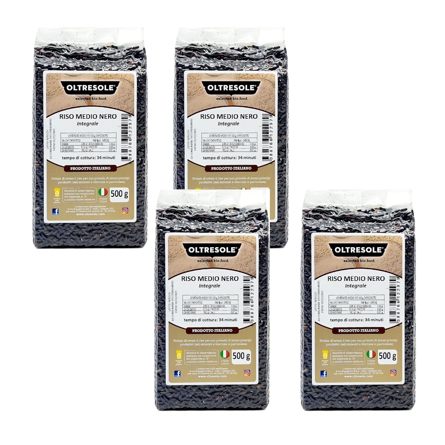 Volkoren Italiaanse rijst, vezelrijke ongeraffineerde rijst, ideaal voor creatieve rijstsalades en gezonde gerechten, vacuüm verpakt, 4 pakken x 500 g