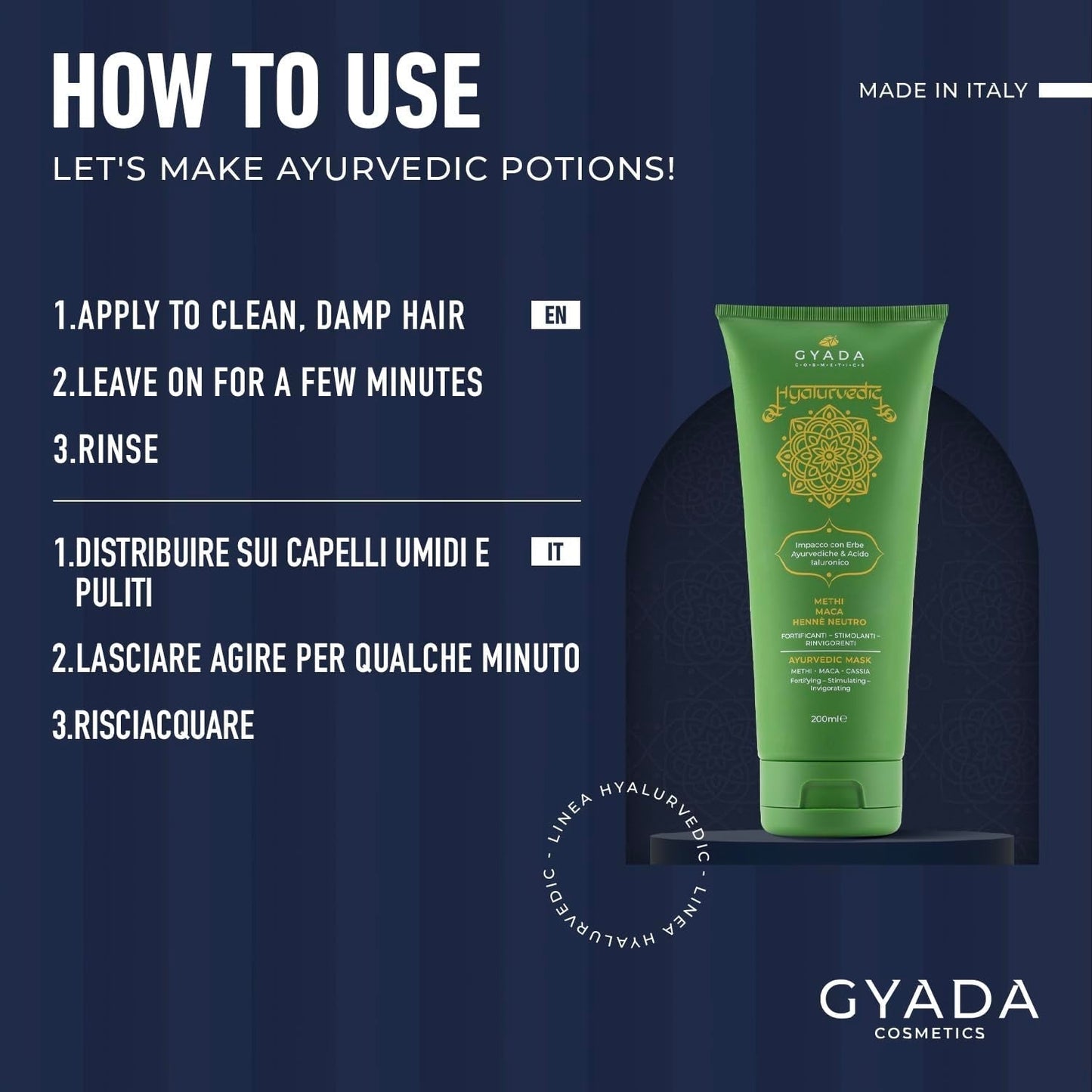 GYADA COSMETICS, hyalurvedisch versterkend ayurvedisch kompres, professionele behandeling voor fijn en zwak haar, antikroezen met methi, maca, neutrale henna, 200 ml Naty Shop haarmasker