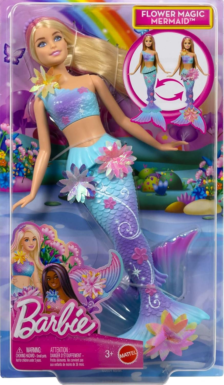 Barbie Meerjungfrauen-Spielzeug Puppe mit magischer overraschungs Blüte, Schwanzflosse mit Farbverlauf, perlenbesetzten Haarreif en lang blond Haar met rosa Strehchen, JDM72