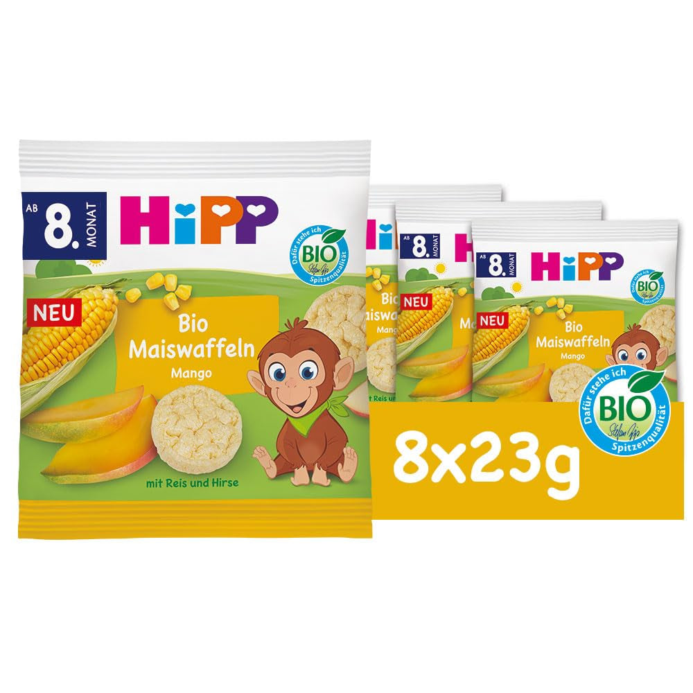 HiPP Biologische Maïswafels met Mango (8 x 23 g), snack voor baby's vanaf 8 maanden, alleen gezoet met fruit en groenten, glutenvrij, beste biologische kwaliteit