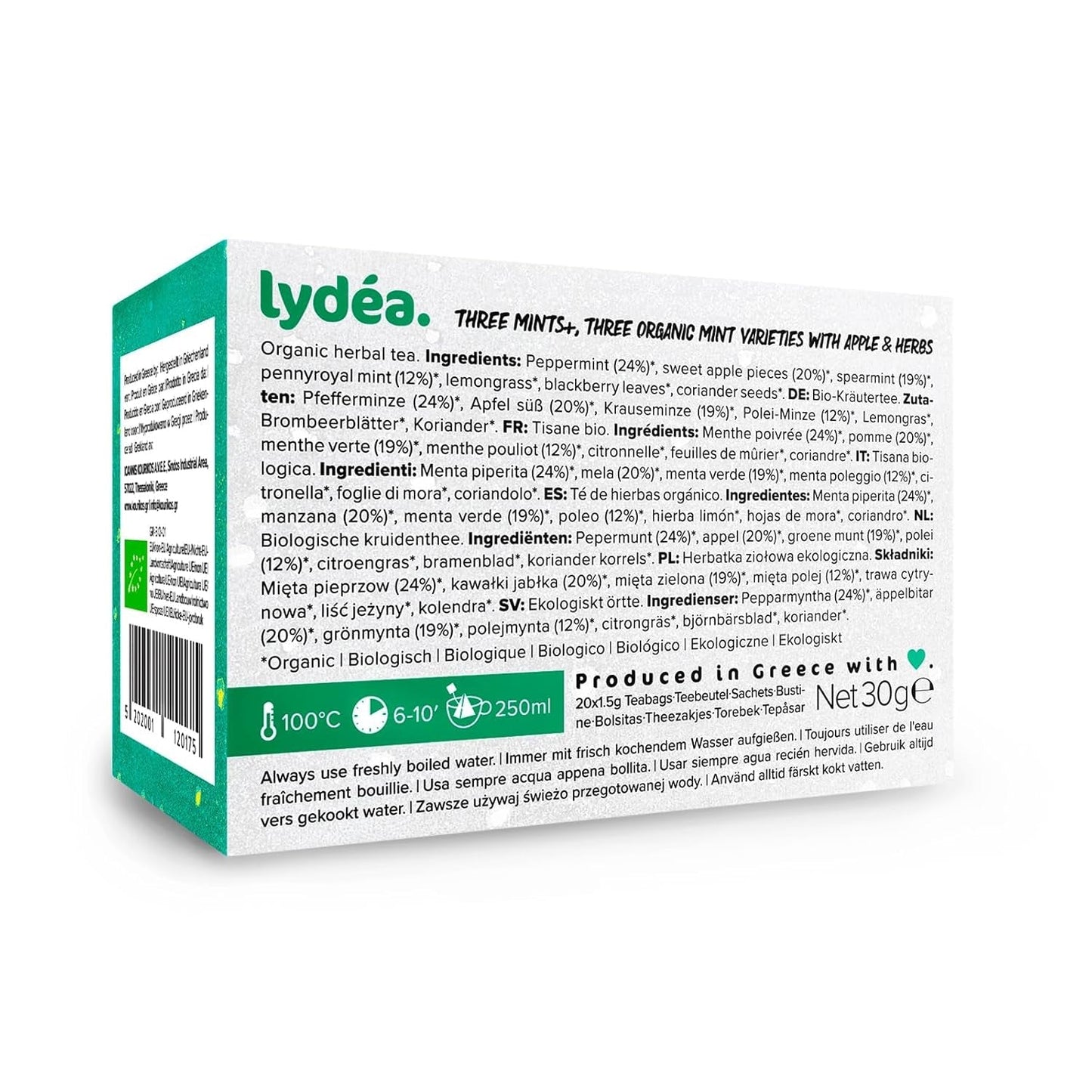 Lydea Three Mints+ biologische kruidenthee met drie soorten munt, appel en kruiden, 60 piramides, 3 stuks [3 x 20 piramides]