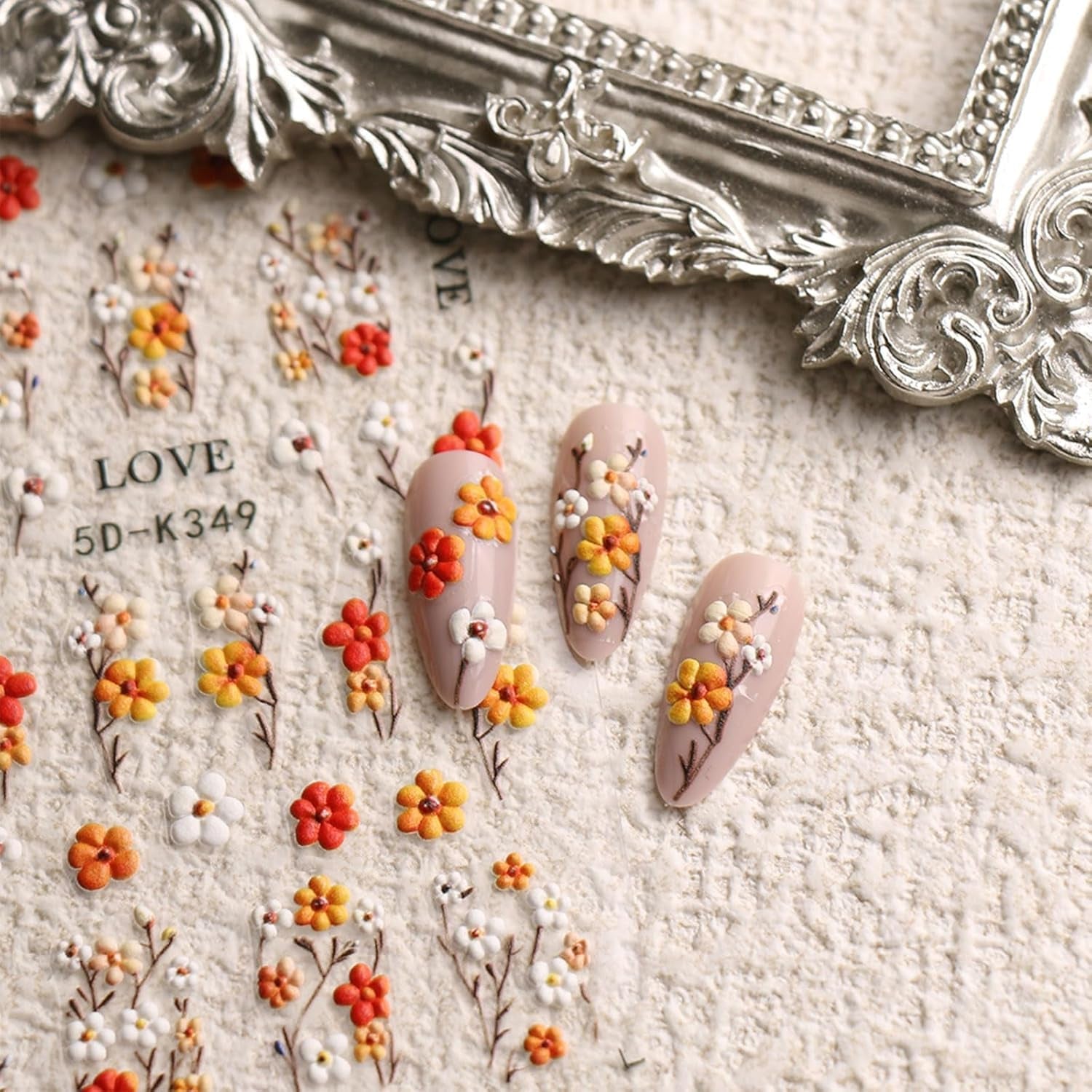 JMEOWIO 3D Nagelsticker Blumen Nail Art Sticker Selbstklebend Nagelaufkleber 5D Stereoskopisch Kruiden Blumen Decoratie Nageldesign Zubehör 4 Blatt