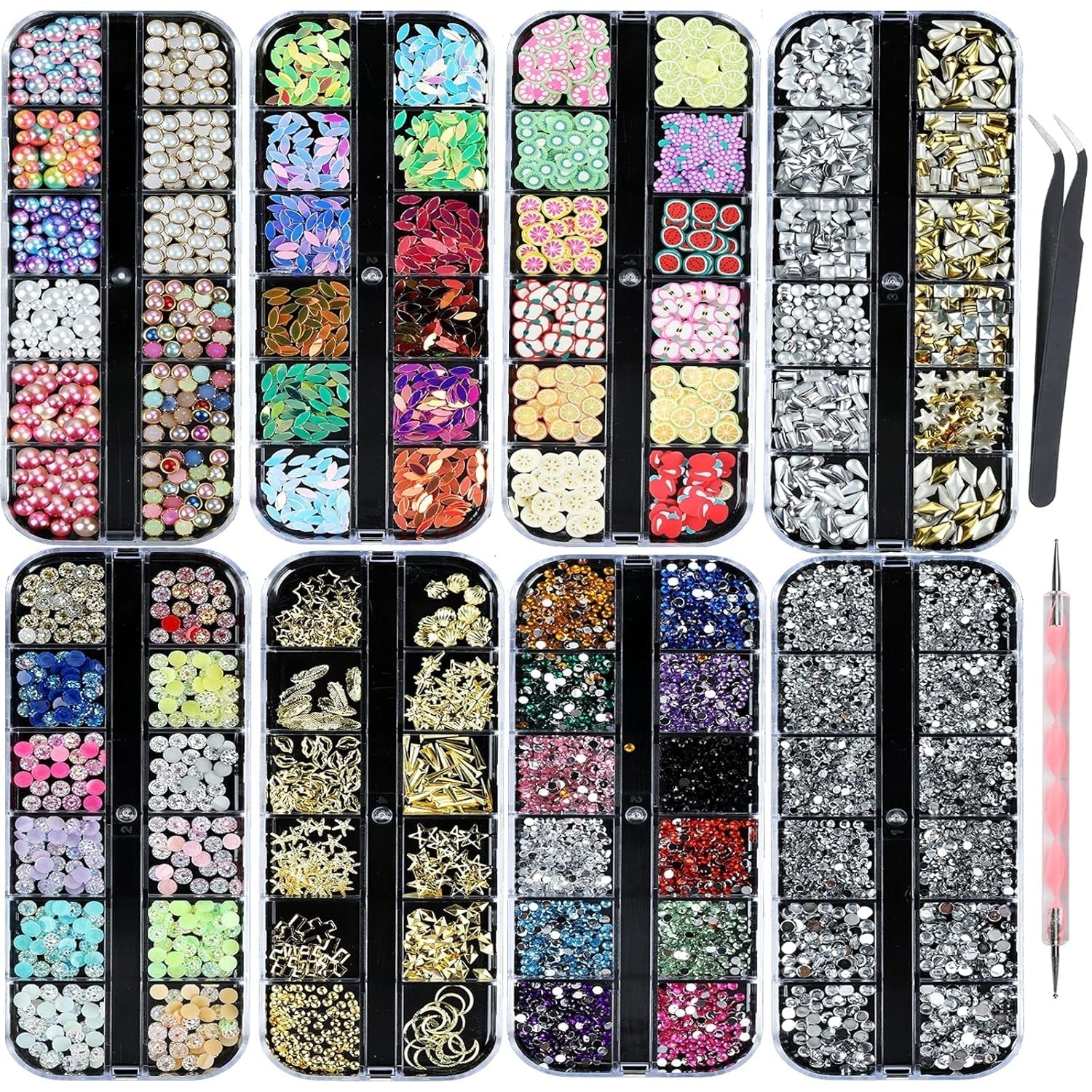 8 Boxen Nail Art Strass Kit - Nail Art Gemischt Strass Set, Nagel Kunst Strasssteine ​​Gems Perlen Edelsteine ​​Bunt Pferdeaugen Strass voor Nageldesign Zubehör Met 1 Pinzetten en 1 Strass Picker voor DIY