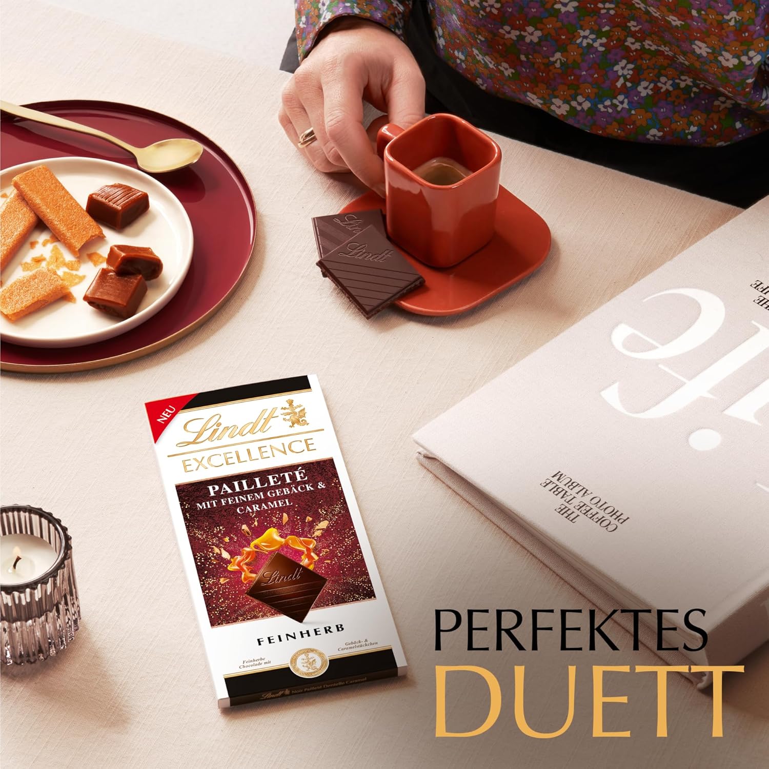 Lindt EXCELLENCE deegstukken met pailletten en karamel - fijne donkere chocolade met intense cacaosmaak