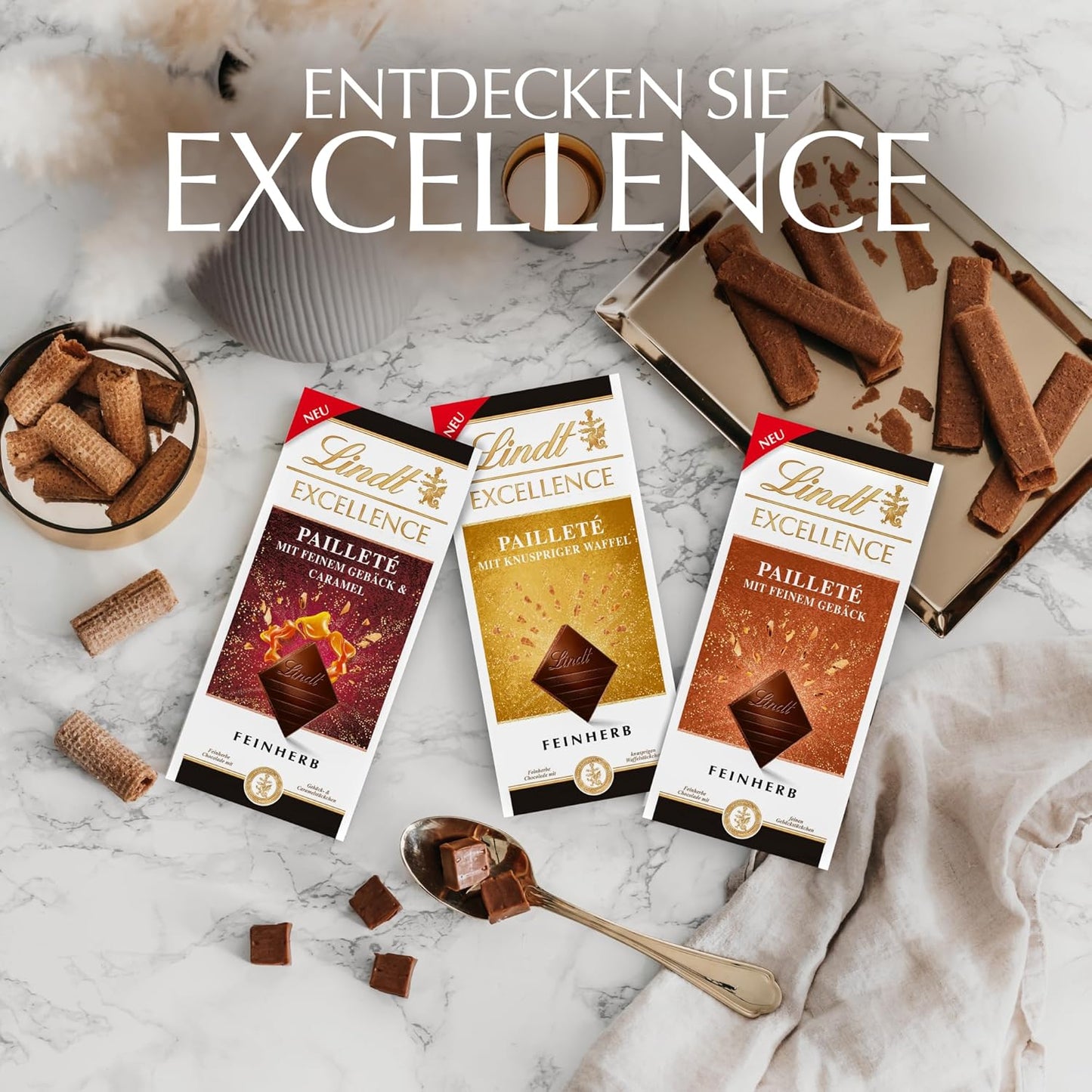 Lindt EXCELLENCE deegstukken met pailletten en karamel - fijne donkere chocolade met intense cacaosmaak