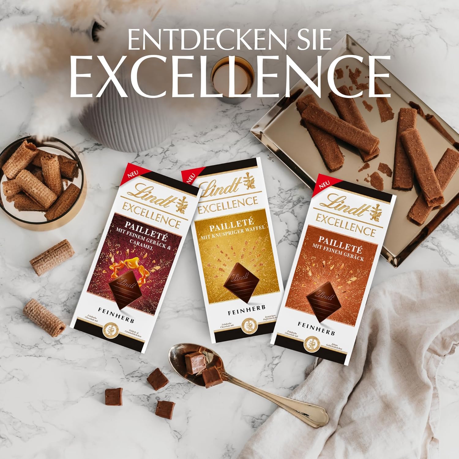 Lindt EXCELLENCE deegstukken met pailletten en karamel - fijne donkere chocolade met intense cacaosmaak