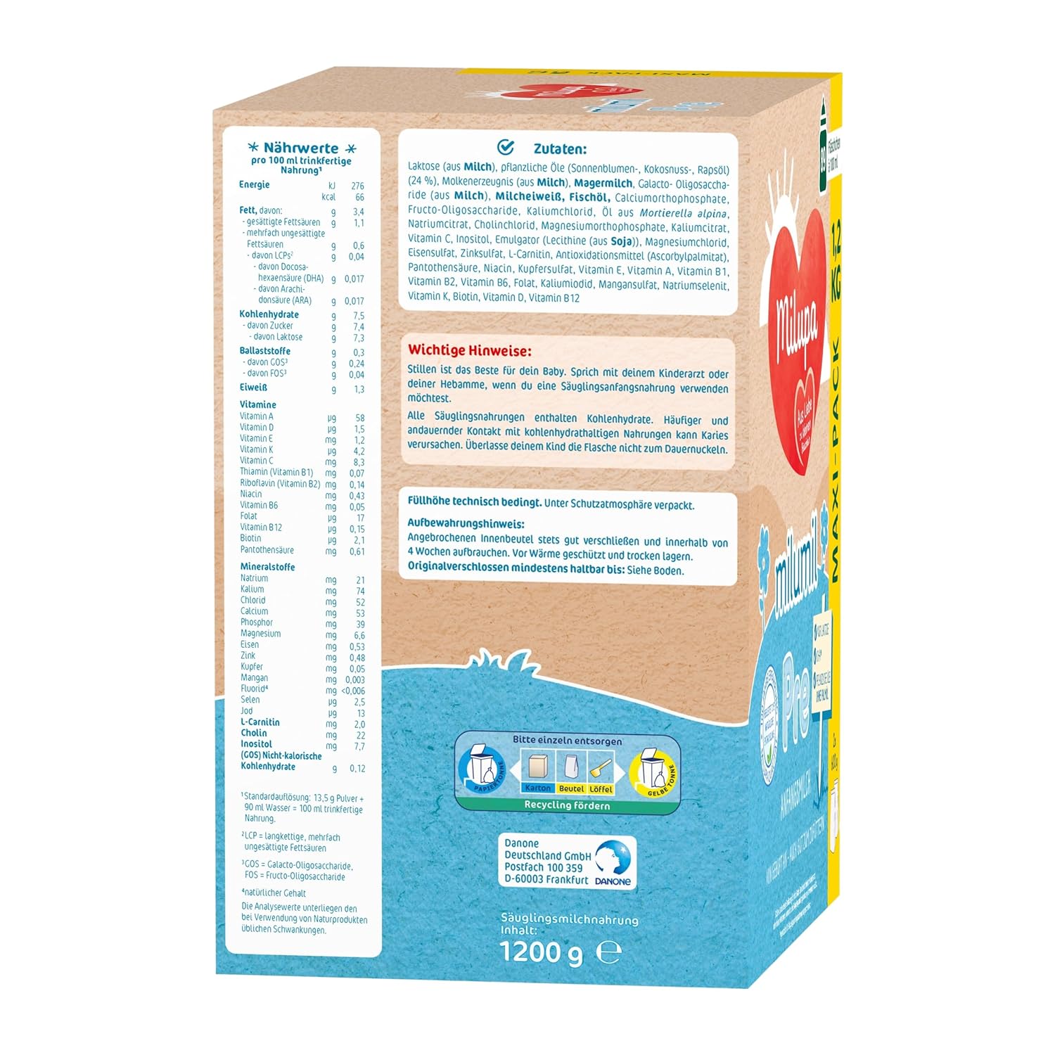 Milupa Milumil Pre, Melkpoeder voor baby's - Met belangrijke voedingsstoffen en zonder palmolie - 800 g Naty Shop