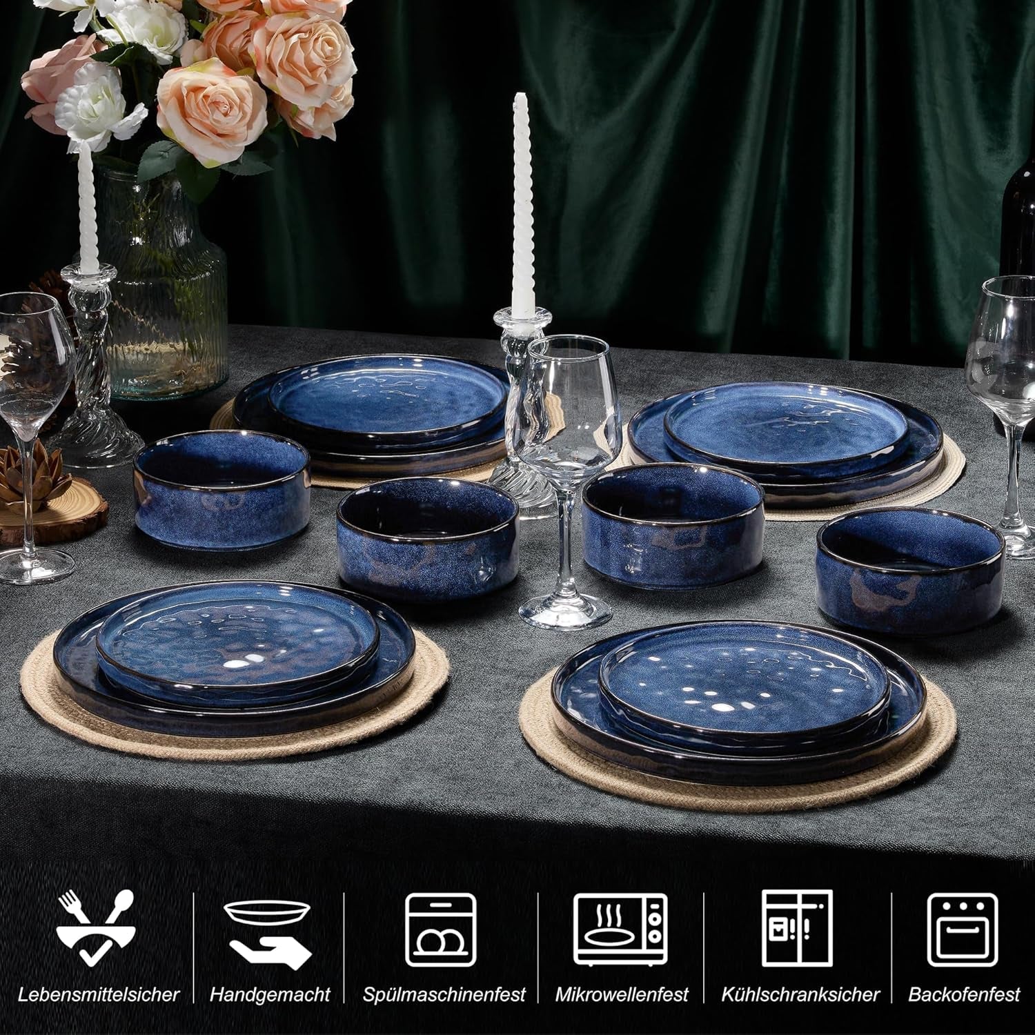 Homikit serviesset, 12-delige serviesset voor 4 personen, serviescombinatie met borden, dessertborden en ontbijtgranenschalen, magnetron- en vaatwasserbestendig, elegant blauw