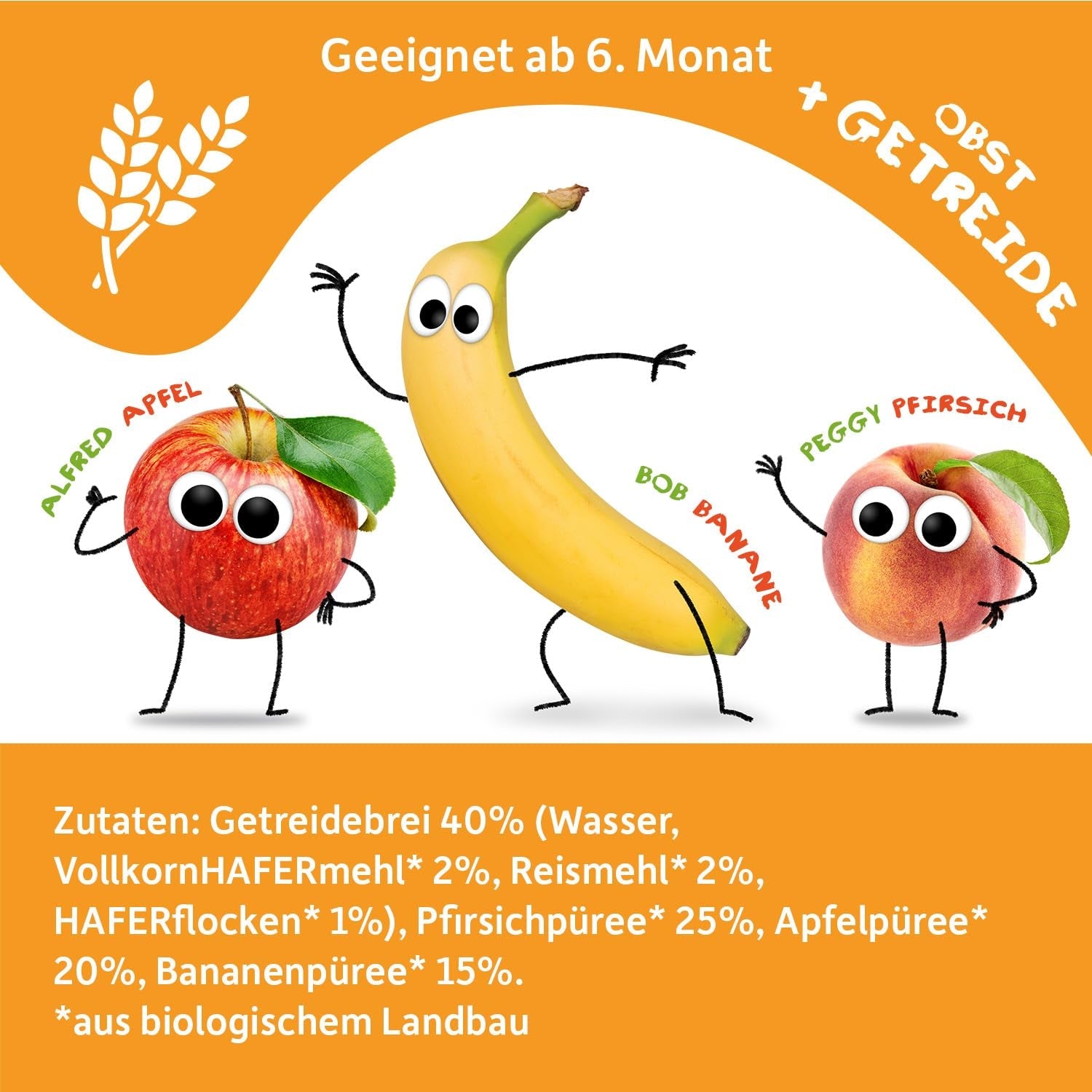 FRECHE FREUNDE Perzik Appel Banaan Haver Biologische Fruitpuree met Granen in een Knijpbaar Zakje voor Baby's 6 Maanden + Veganistisch 6 Pack (6 x 100g)