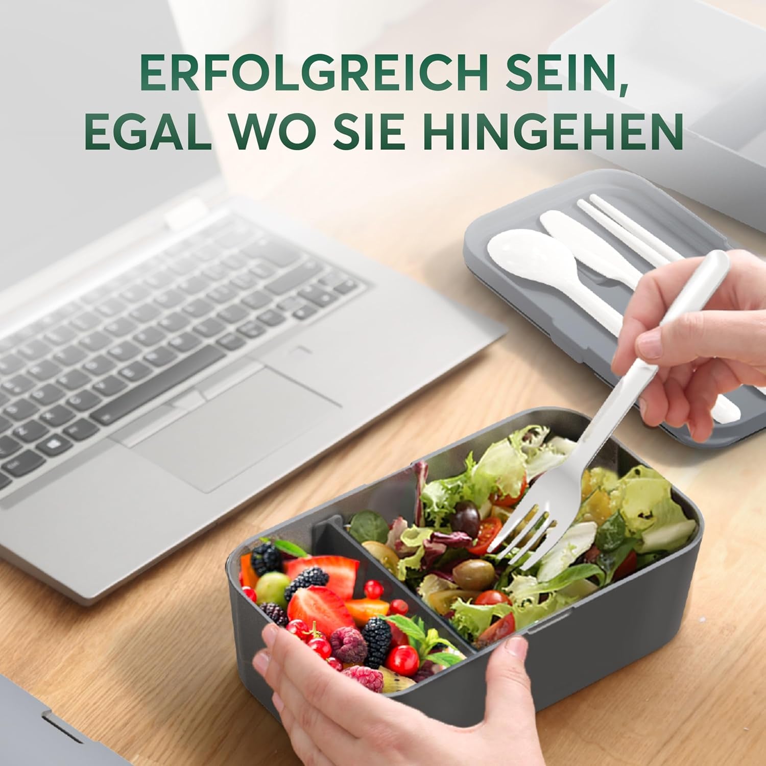 Umami lunchbox voor volwassenen, stapelbare bentobox met 4 bestek en vakken, lunchbox voor volwassenen, saladecontainer voor onderweg, picknick-/kantoorlunchbox, houtskoolgrijs, 1500 ml voedselbewaardozen Naty Shop