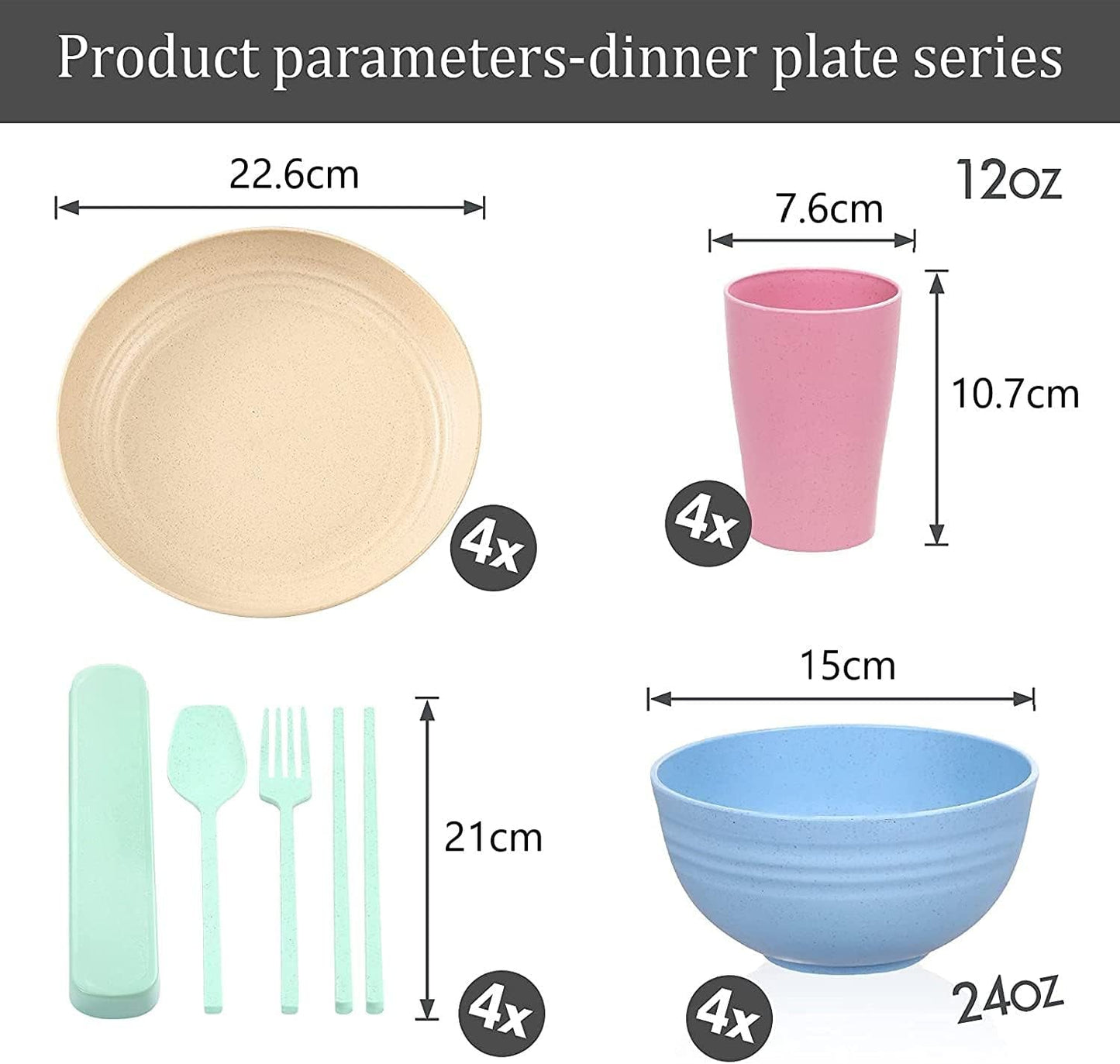 Plastic bestekset voor 4 personen, herbruikbaar, onverwoestbaar, borden, kopjes, kommen en bestek Lichtgewicht, milieuvriendelijk, herbruikbaar, magnetron- en vaatwasmachinebestendig