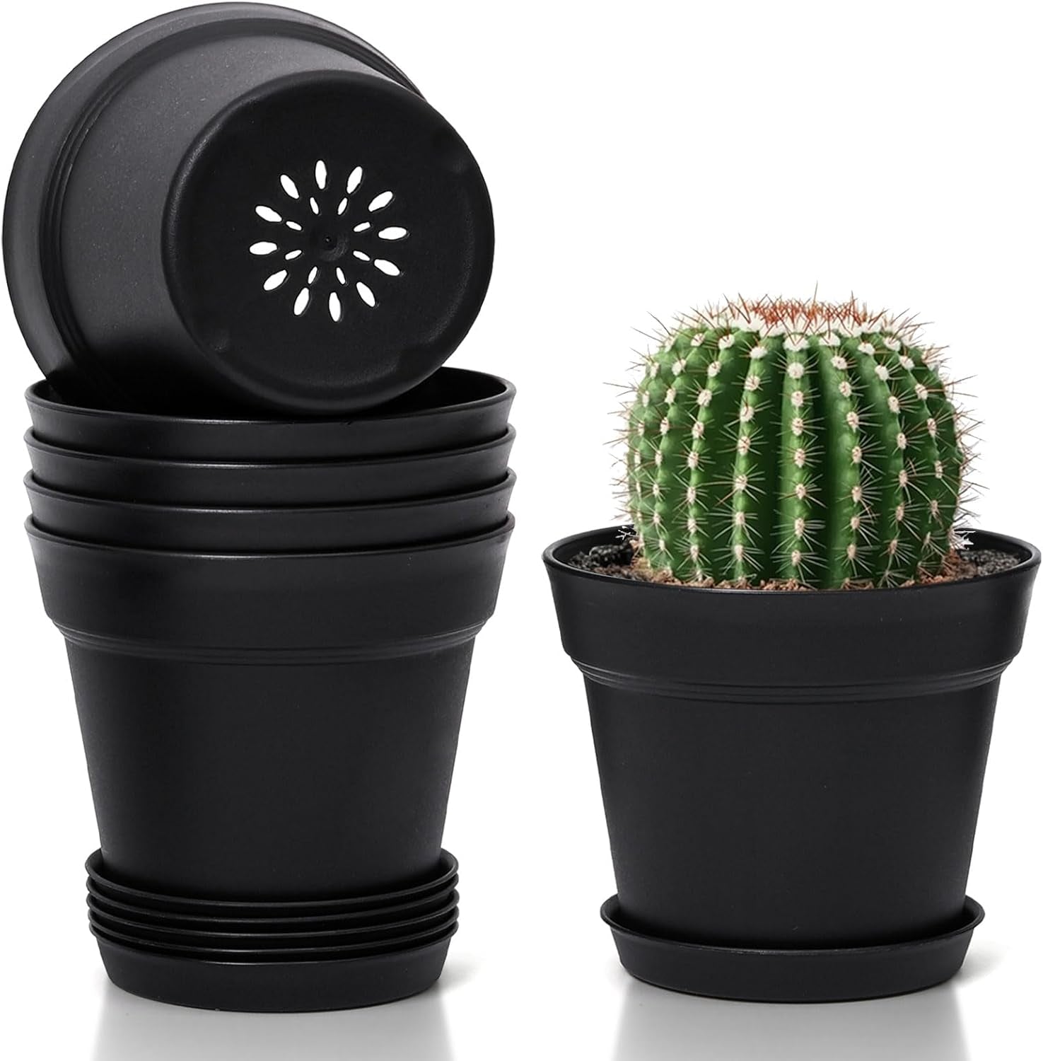 T4U 16 cm plastic bloempot met schotel, set van 6 plastic kruidenpotten met meerdere afvoergaten, ronde pot voor binnen en balkon vetplanten, cactussen, wit