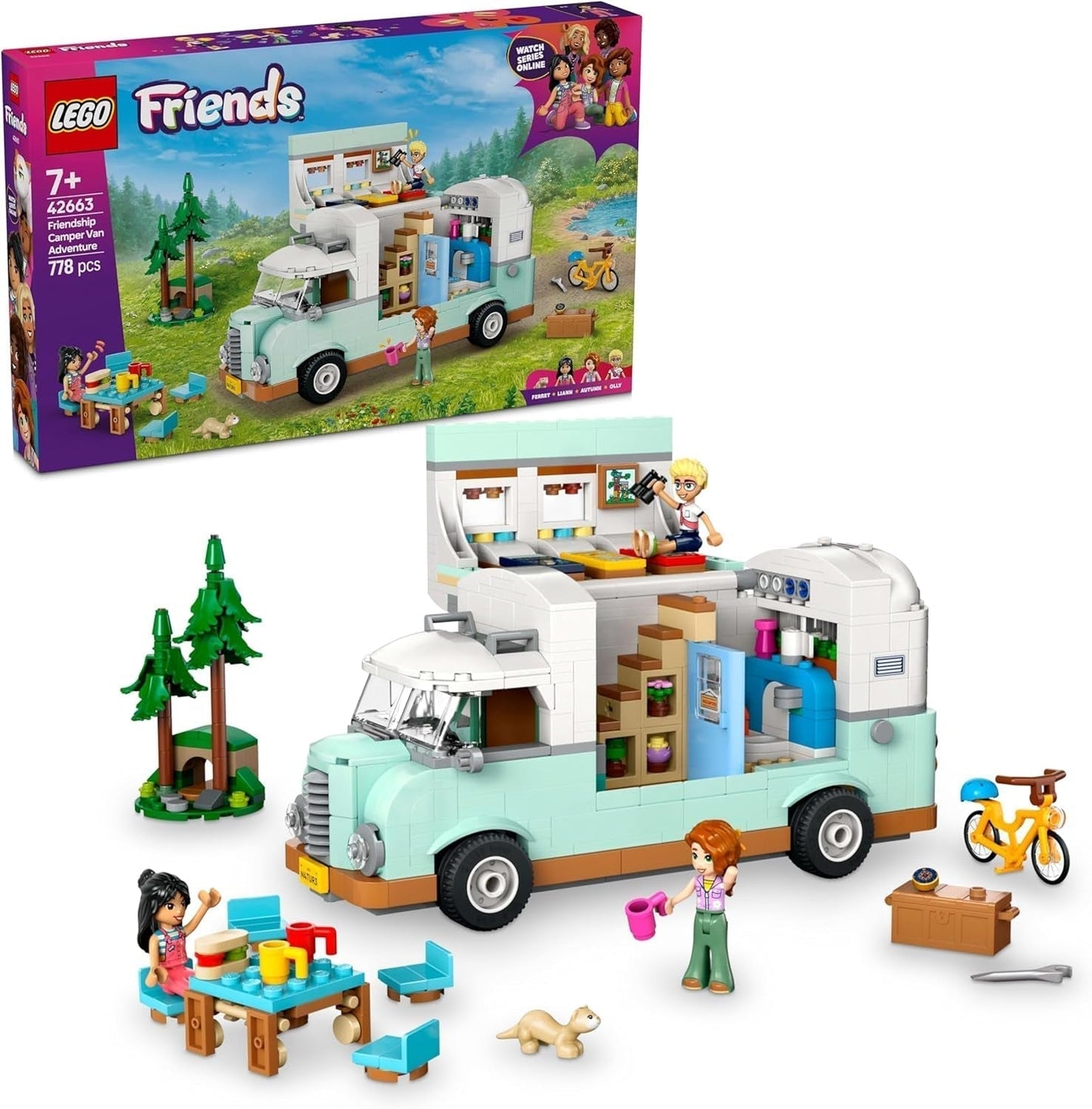 LEGO Friends Caravan, rollenspel-bouwset met een speelgoedcaravan, cadeau voor meisjes vanaf 7 jaar, creatieve speelset met 3 minifiguren en figuur van een fretdier 42663 Bouwsets Besuche den LEGO-Store Standaardtitel