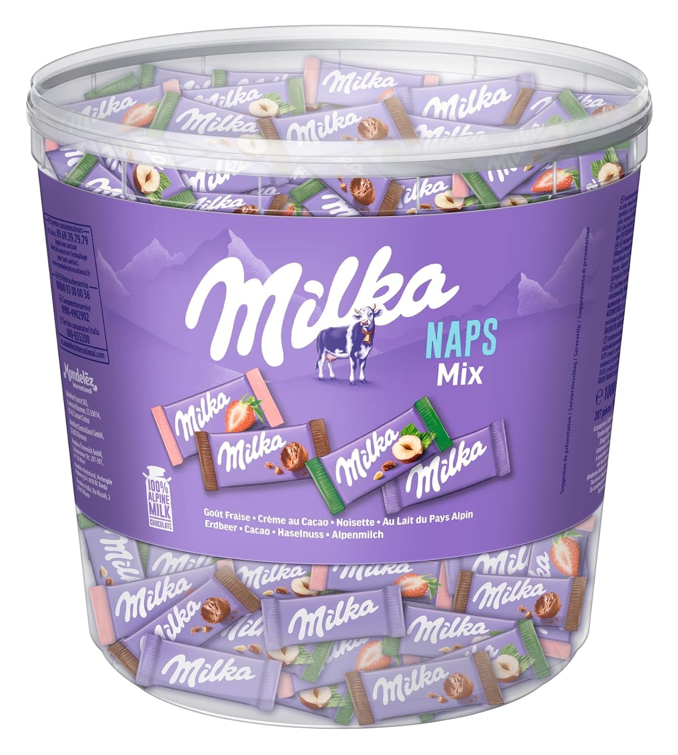 Milka Naps Mix – Mini chocoladevierkantjes in 4 assortimenten: Alpenmelk, Aardbeien, Hazelnoten, Cacaoroom – 1 x 1kg