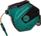 Amazon Basics wandgemonteerde slanghaspel met slang, zelfoprollend, 15 m, marinegroen, zwart