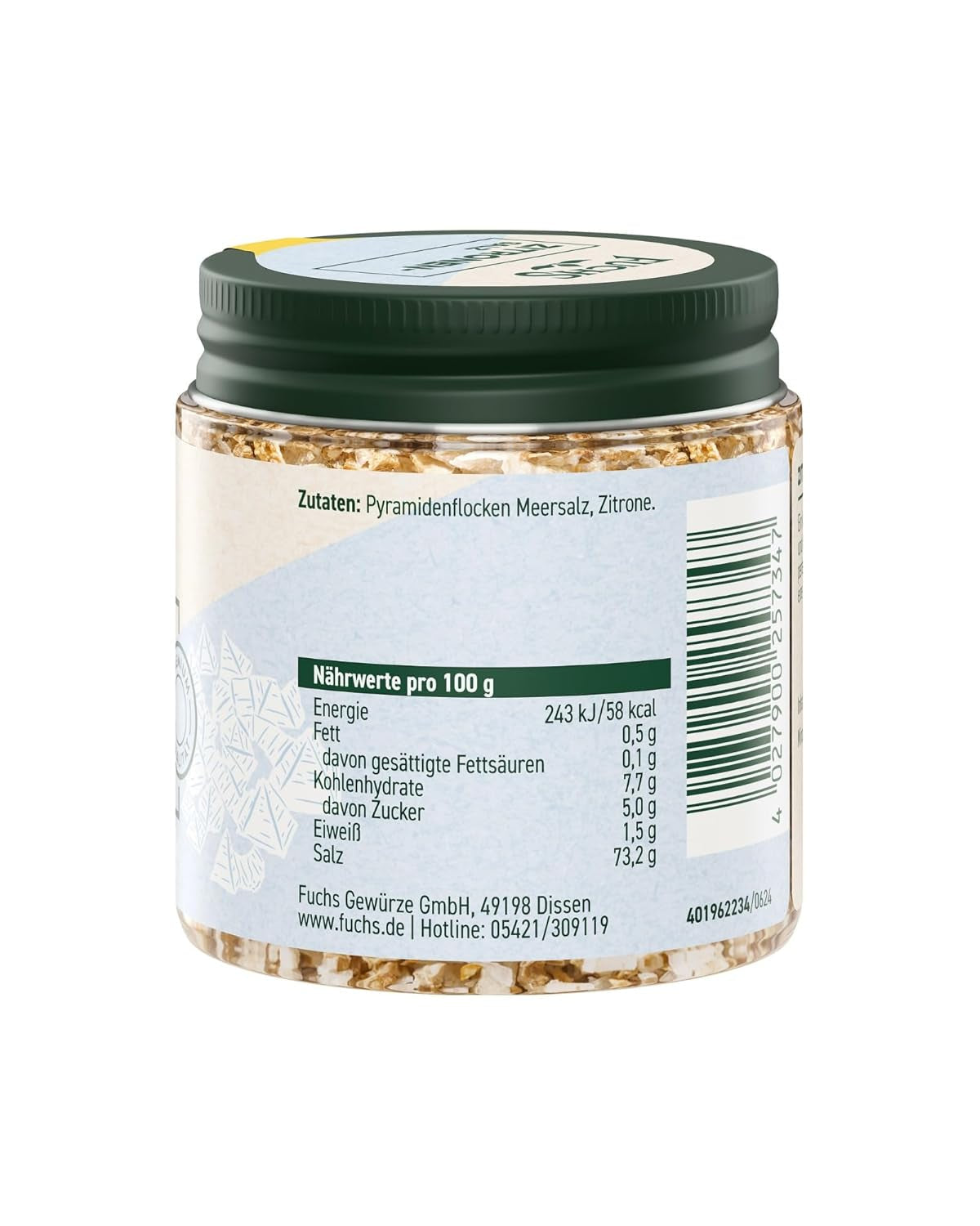 Fuchs Gewürze - Citronensalz | Toppingsalz met Pyramidenflocken & Zitrone | Knapperige Verfeinerung voor Vis en Gemüse | Citroenzout in Premium-Qualität | 60 g in wiederverschließbaren gemberglas