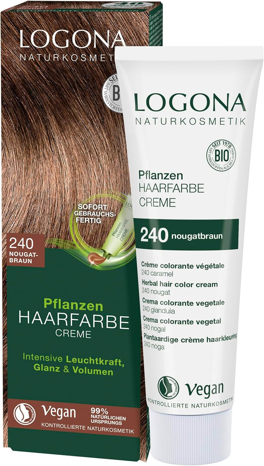 LOGONA Natural Cosmetics Plantaardige Haarkleurcrème 240 Nougat Bruin, Natuurlijke kleurstof voor bruin haar met henna, kleurcrème voor bruintinten, kleuring voor donker haar, 150ml Haarverf Naty Shop 240 Nougat Bruin