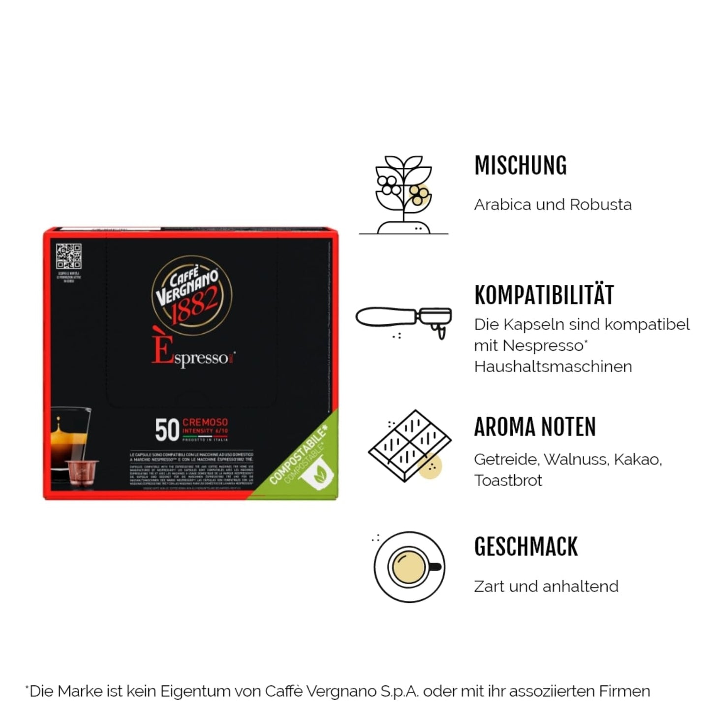 Caffè Vergnano 1882 - Èspresso Kompostierbare Kaffeekapseln, compatibel met Nespresso, Cremoso (romig) - Packung Enthält 50 Kapseln