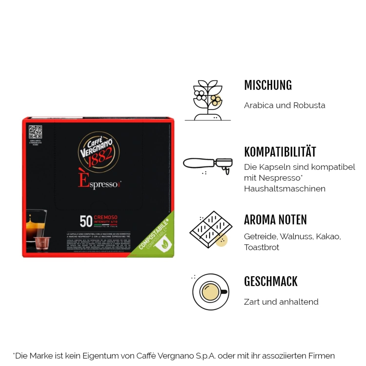 Caffè Vergnano 1882 - Èspresso Kompostierbare Kaffeekapseln, compatibel met Nespresso, Cremoso (romig) - Packung Enthält 50 Kapseln