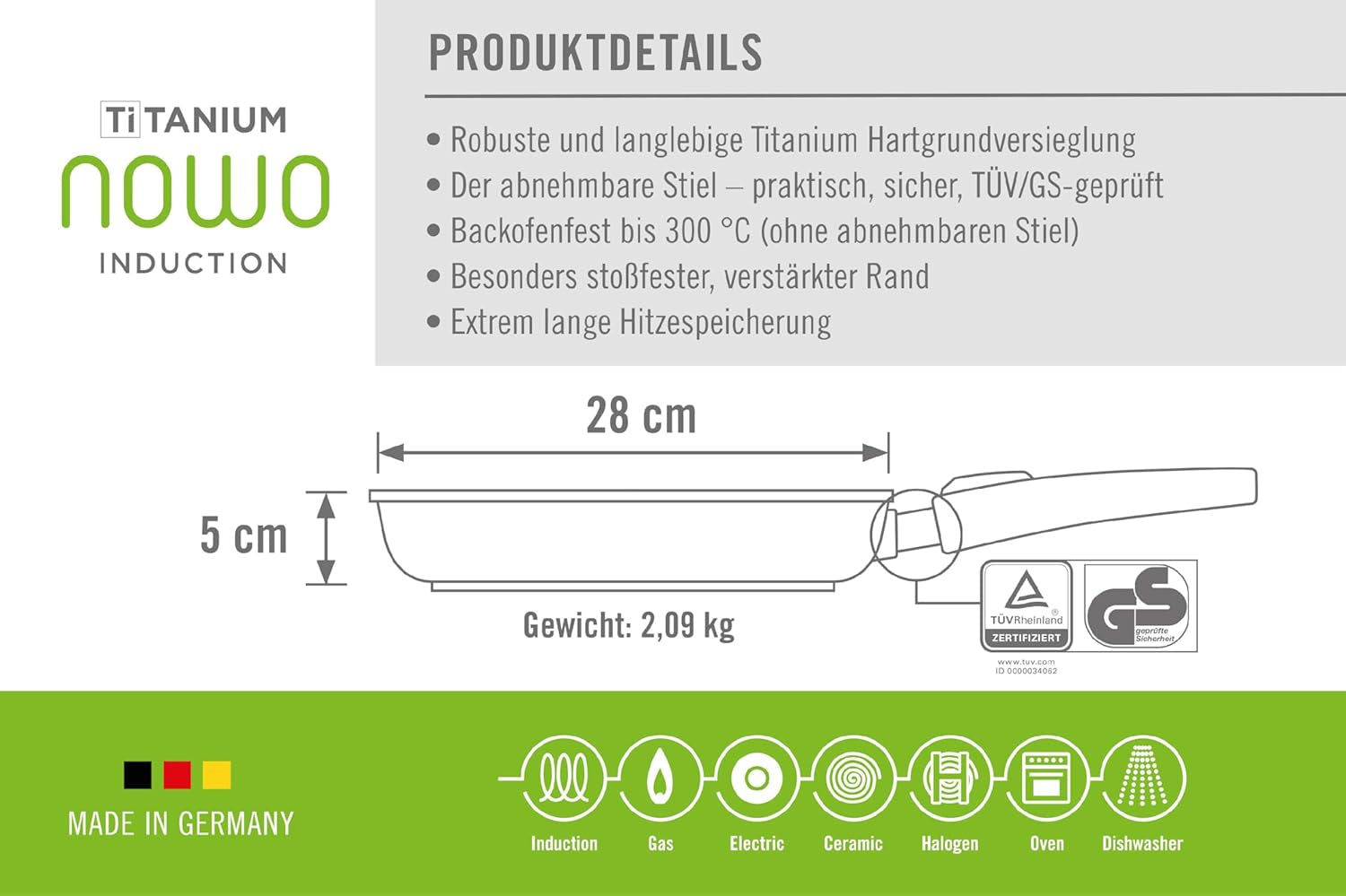 Woll Nowo Titanium platte pan - Inductie, 5 Cm hoogte, afneembare handgreep - voor alle soorten kookplaten, Gegoten aluminium, antiaanbaklaag Potten en pannen Naty Shop
