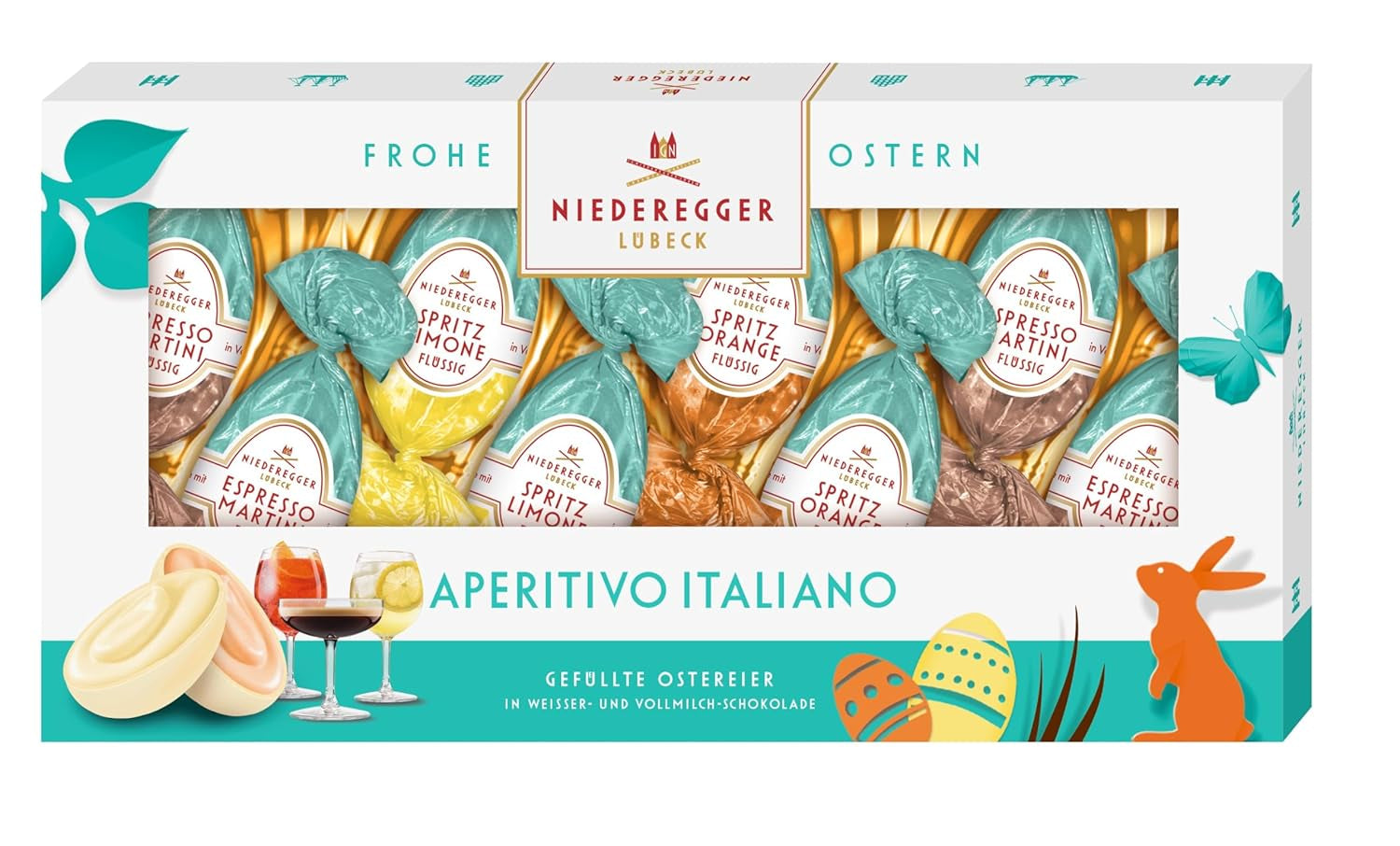 Niederegger | Praline-eieren | Italiaans voorgerecht | 1 x 100 g | Gevulde eieren in de smaken Lemon Spritz, Orange Spritz en Espresso Martini | Omhuld met melk- en witte chocolade | Paascadeau