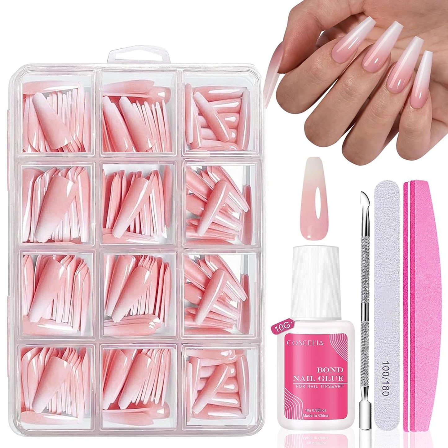 Kunstnagels set - 240 stuks Franse nepnagels lijm op - roze wit gradiënt ontwerp kunstnagels volledige dekking zachte gel natuurlijk en comfortabel om te dragen (roze amandel)