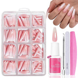 Kunstnagels set - 240 stuks Franse nepnagels lijm op - roze wit gradiënt ontwerp kunstnagels volledige dekking zachte gel natuurlijk en comfortabel om te dragen (roze amandel)