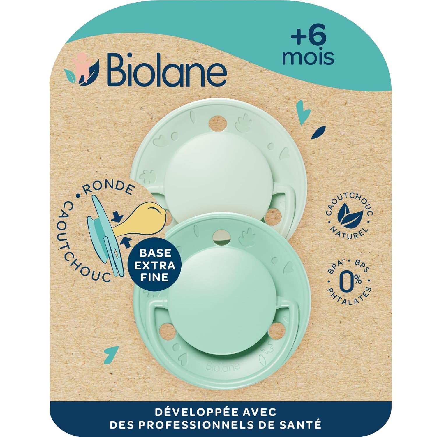 BIOLANE - Ronde speen - Extra dunne fopspeen - 6+ maanden - Bicolor groen - Speen van natuurlijk rubber - Voor orale ontwikkeling - Zacht en comfortabel