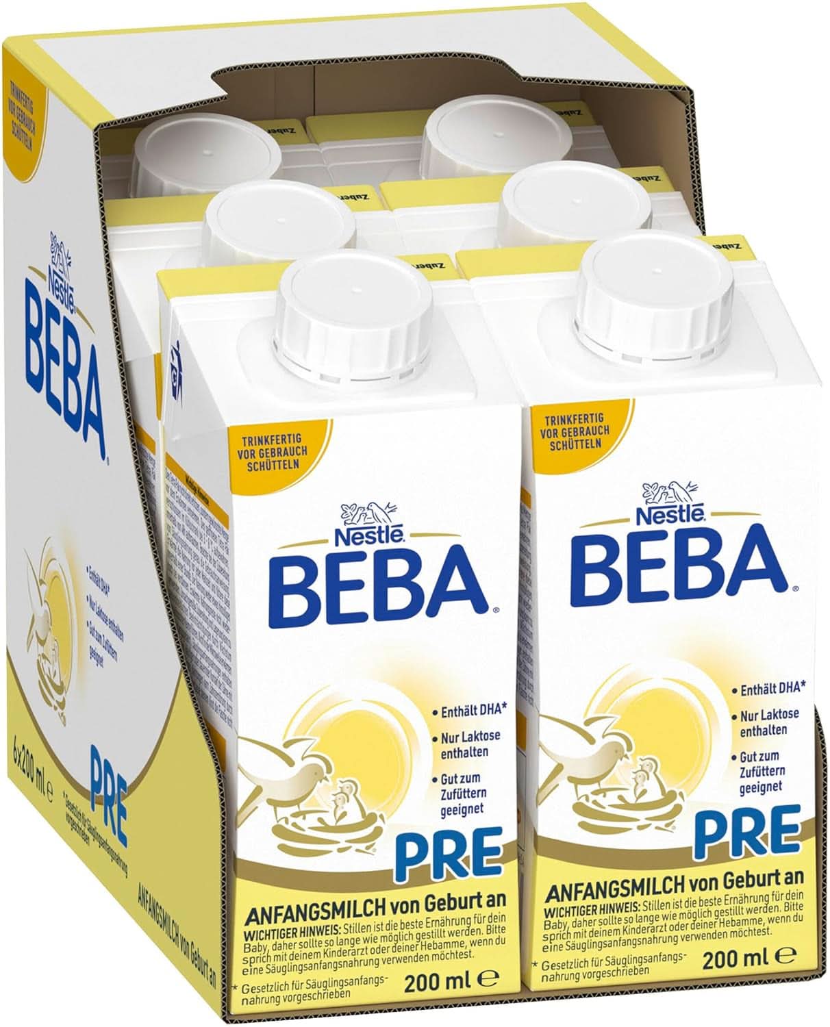 BEBA PRE Beginmelk vanaf de geboorte, babyvoeding met DHA, alleen lactose, zonder palmolie, pak 3 (3 x 800 g) Naty Shop PRE, set 6 x 200 ml 6 x 200 ml