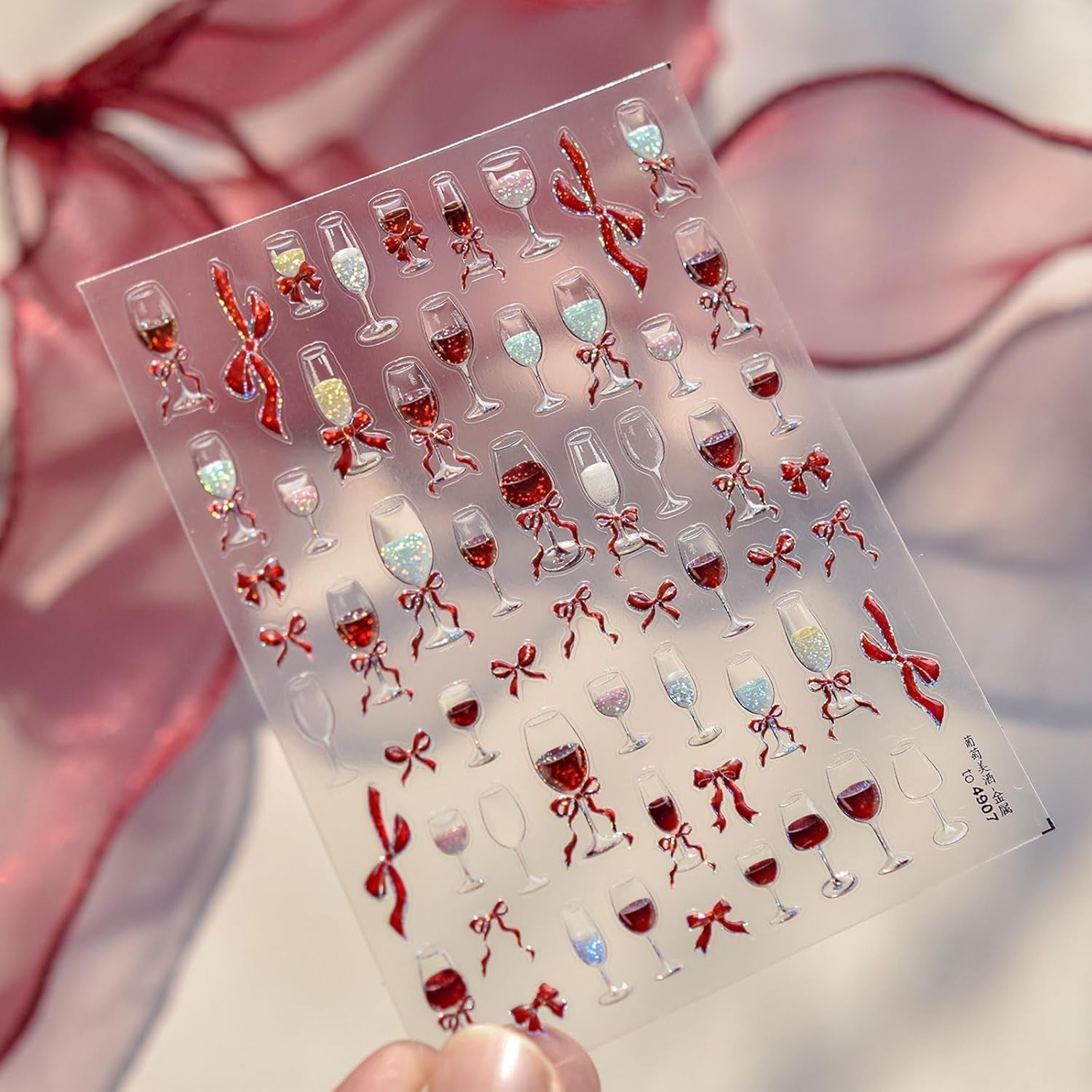 JMEOWIO 3D Nagelsticker Roter Kelch Mit Schleife Nail Art Sticker Selbstklebend Nagelaufkleber 5D Stereoskopische Decoratie Nageldesign Zubehör 1 Blatt