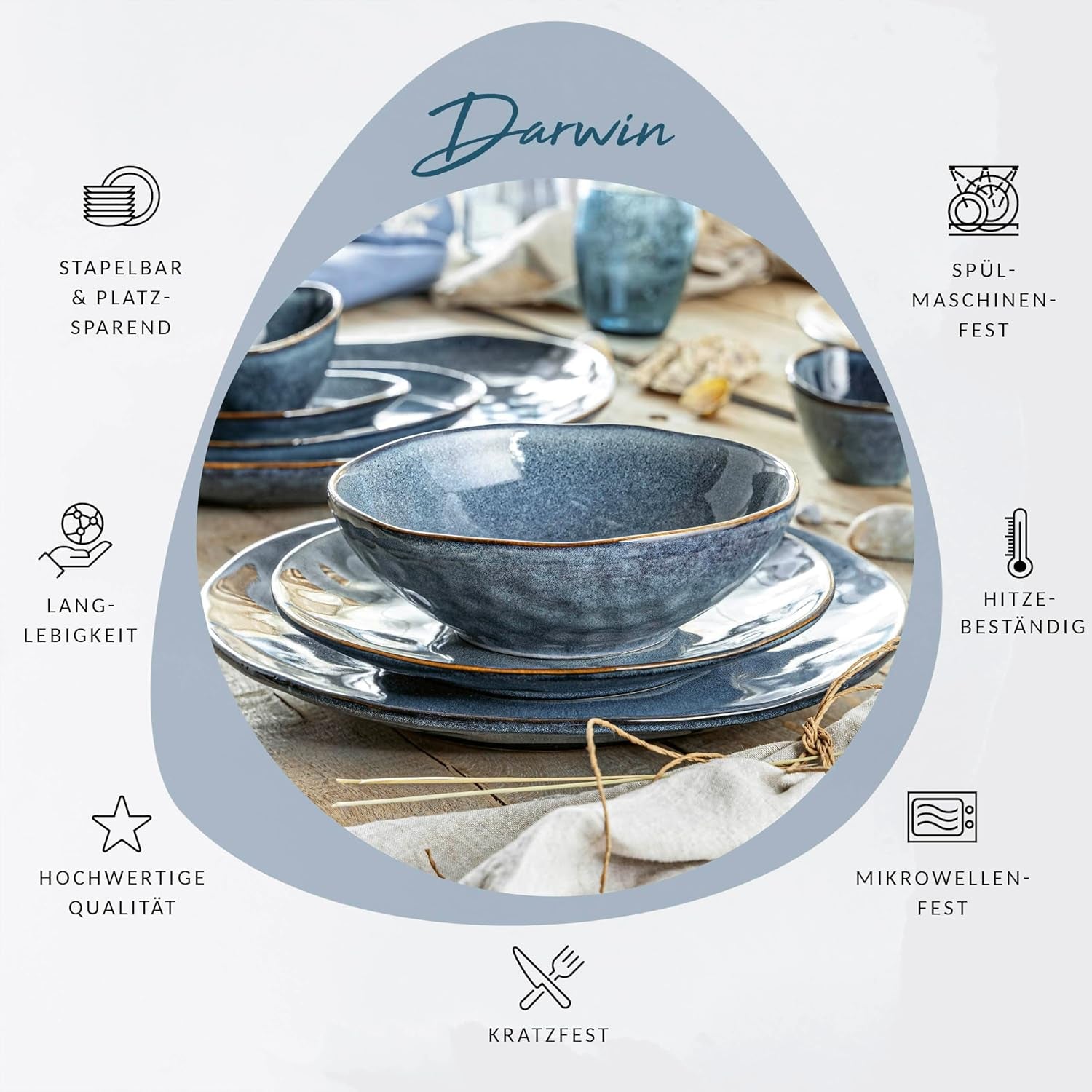 ZANGER | Darwin 12-delige serviesset, aardewerk serviesset voor 4 personen, blauwe serviesset inclusief dinerborden, dessertborden en soepborden, handgemaakte serviesset | DE PREMIUM COLLECTIE