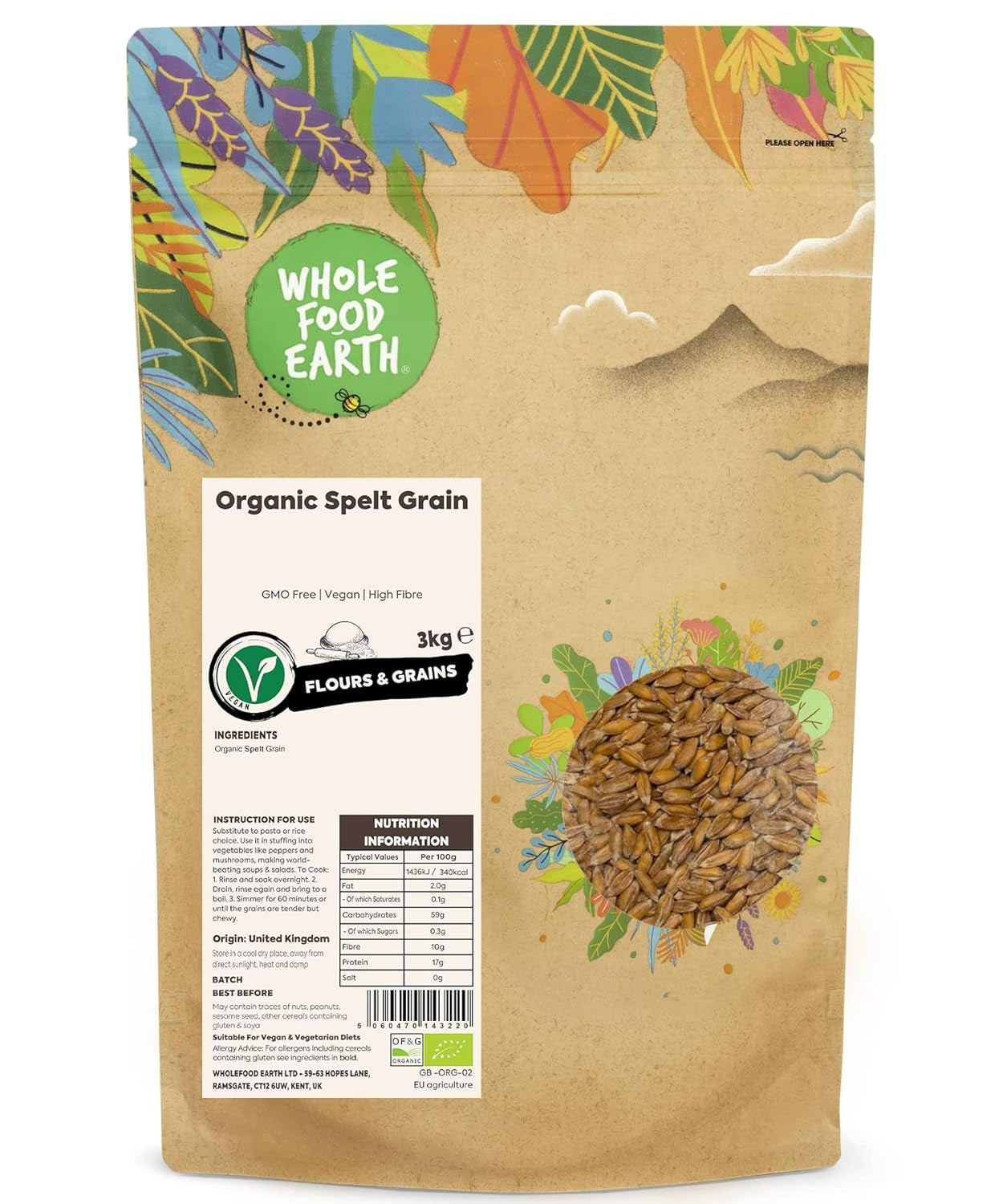 Wholefood Earth Biologische Speltgranen – 3 kg | Niet-GMO | Veganistisch | Rijk aan vezels | Gecertificeerd biologisch