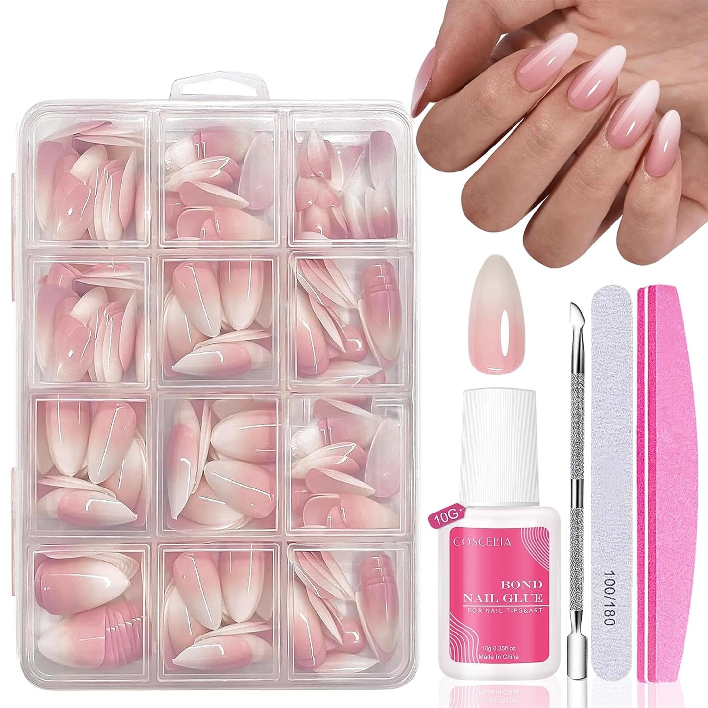 Kunstnagels set - 240 stuks Franse nepnagels lijm op - roze wit gradiënt ontwerp kunstnagels volledige dekking zachte gel natuurlijk en comfortabel om te dragen (roze amandel)