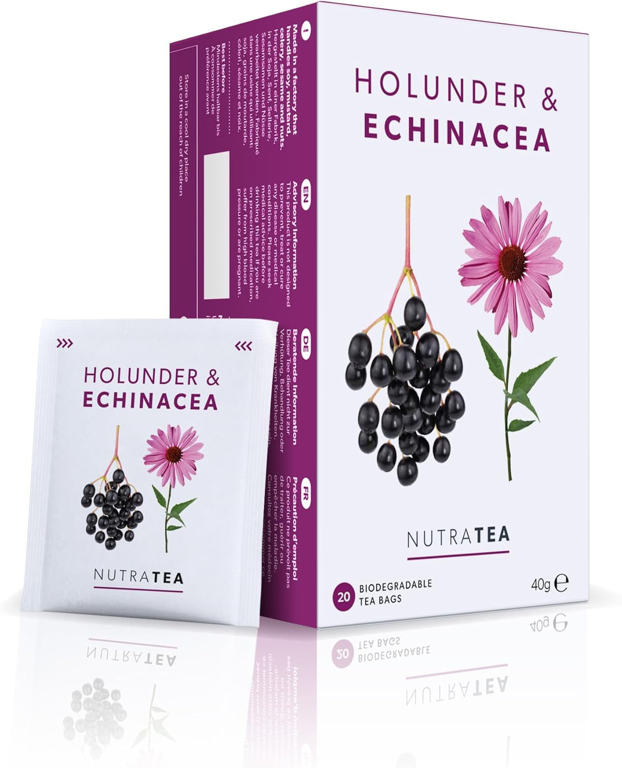 Nutra Tea Vlierbessen & Echinacea, Immuniteit & Verkoudheid Thee, Immuun Ondersteunende Thee, Koude Strijd, 20 Herbruikbare Theezakjes, Natuurlijke Kruidenthee
