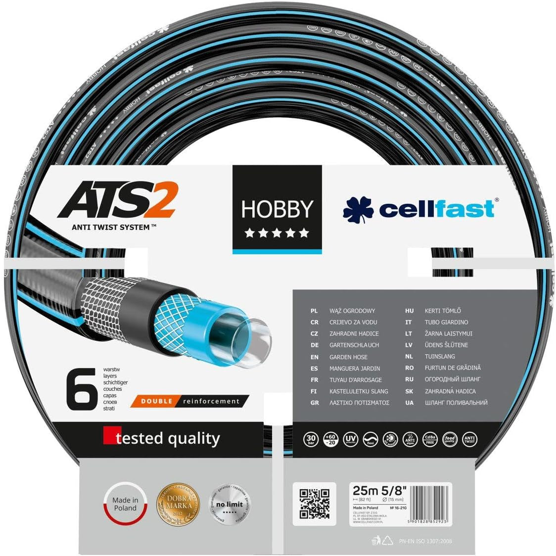 CELLFAST tuinslang 6-laags waterslang dubbel gevlochten stof irrigatieslang UV-bestendig anti-algen flexibele slang 32 bar 1 inch 25 meter hobby