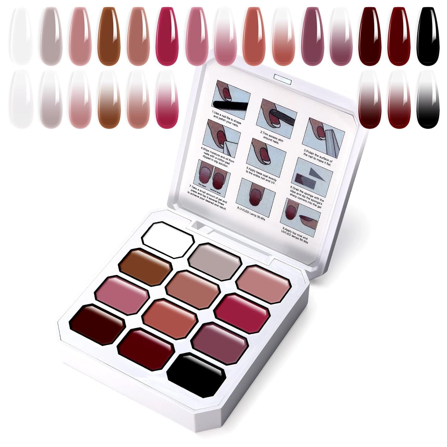 Gradiëntschildergel, 12 kleuren Ombre gelnagellak met 100 stuks nagelsponsen en 4 klauwen metalen grijper voor Franse manicure DIY nagelkunst, set I