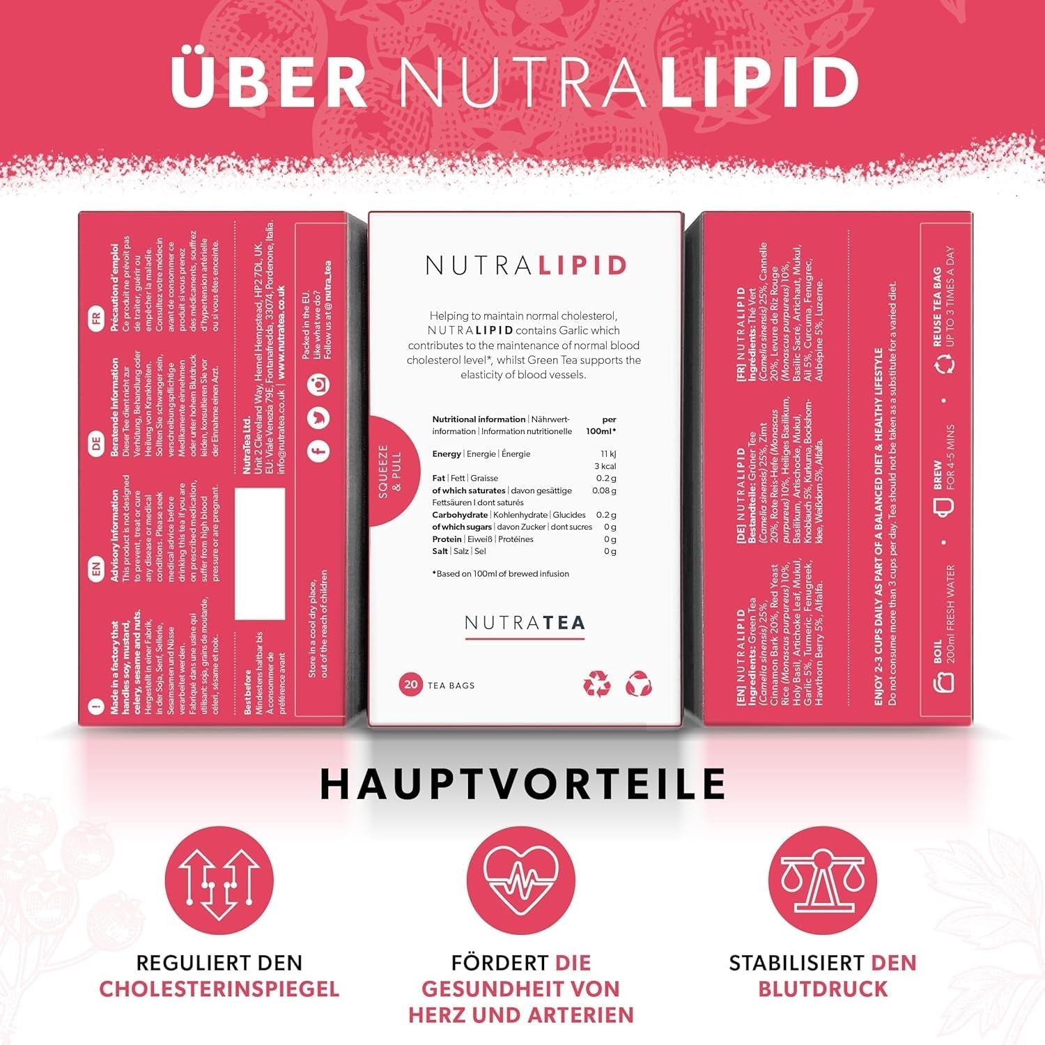 Nutra Thee NUTRALIPID, bloedsuikerbalancerende thee Helpt de bloedsuikerspiegel op peil te houden, Afslankthee Verbetert de stofwisseling en kan de eetlust onderdrukken, 20 herbruikbare theezakjes