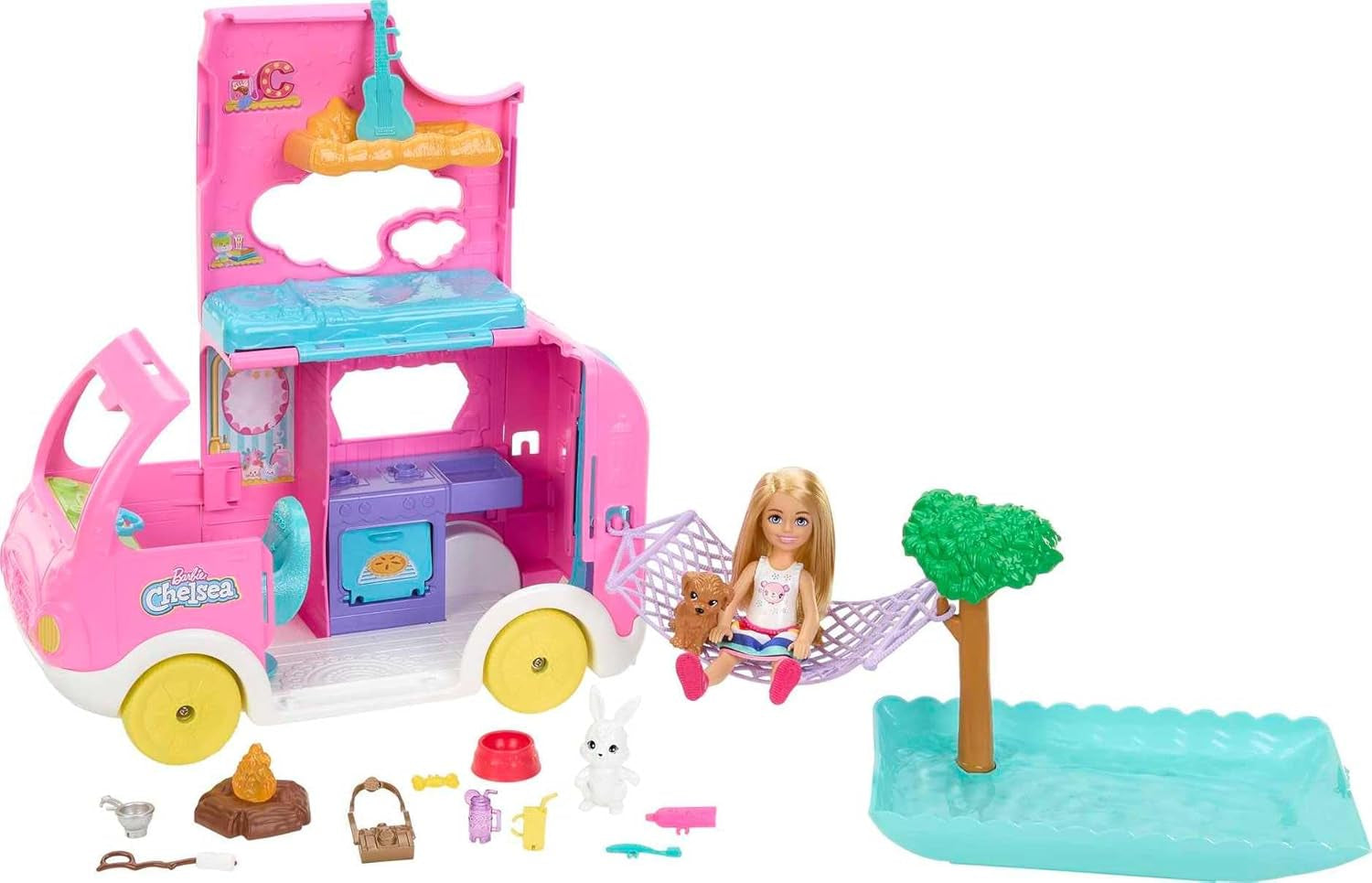 Barbie Chelsea 2-in-1 caravan - speelgoedvoertuig met zwembad, hangmat en eethoek voor fantasierijk spel en verhaaltjes, vanaf 3 jaar, HNH90