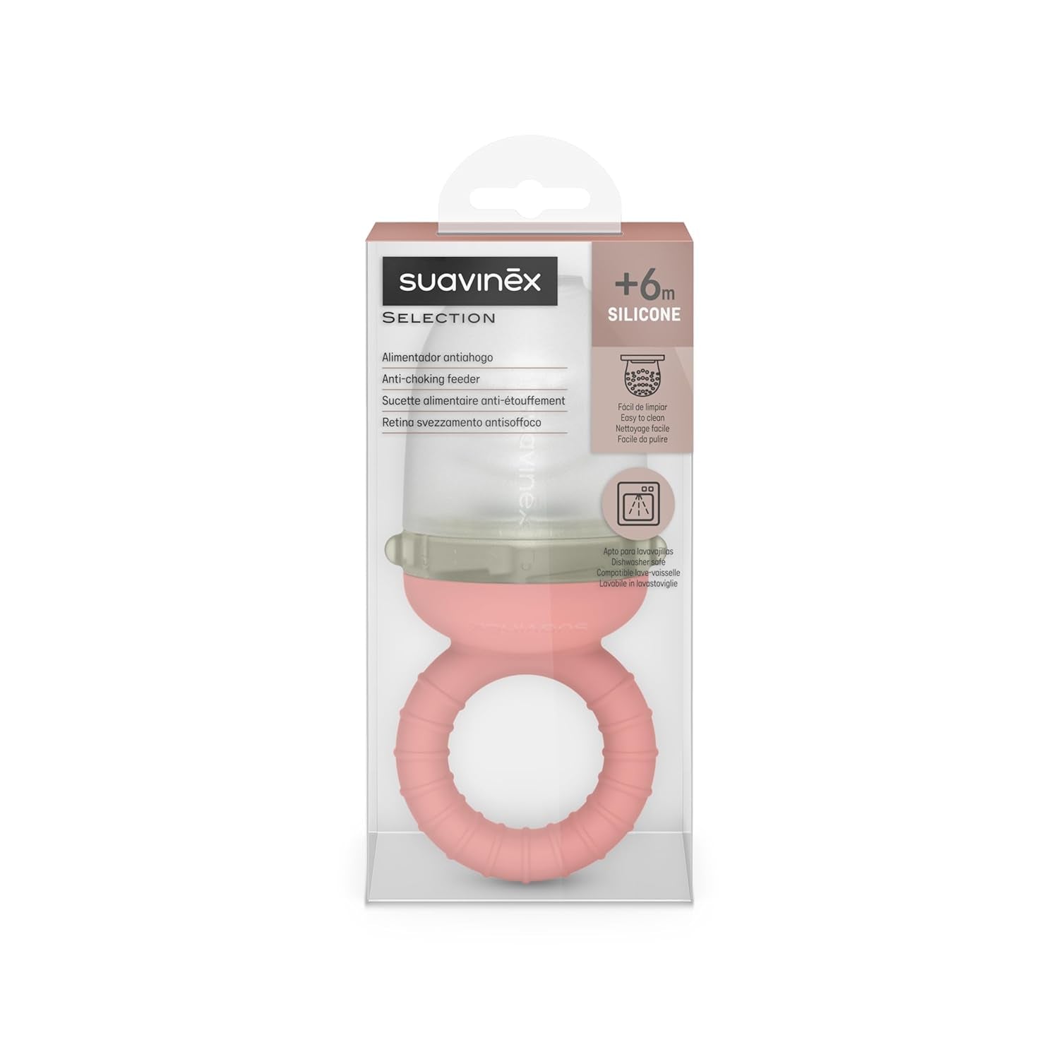 Suavinex Babybijtring, verstikkingsbestendig, food grade, siliconen, met deksel, gemakkelijk schoon te maken, vaatwasmachine- en vriezerbestendig, kalmeert tandvlees, 6 maanden en ouder, roze