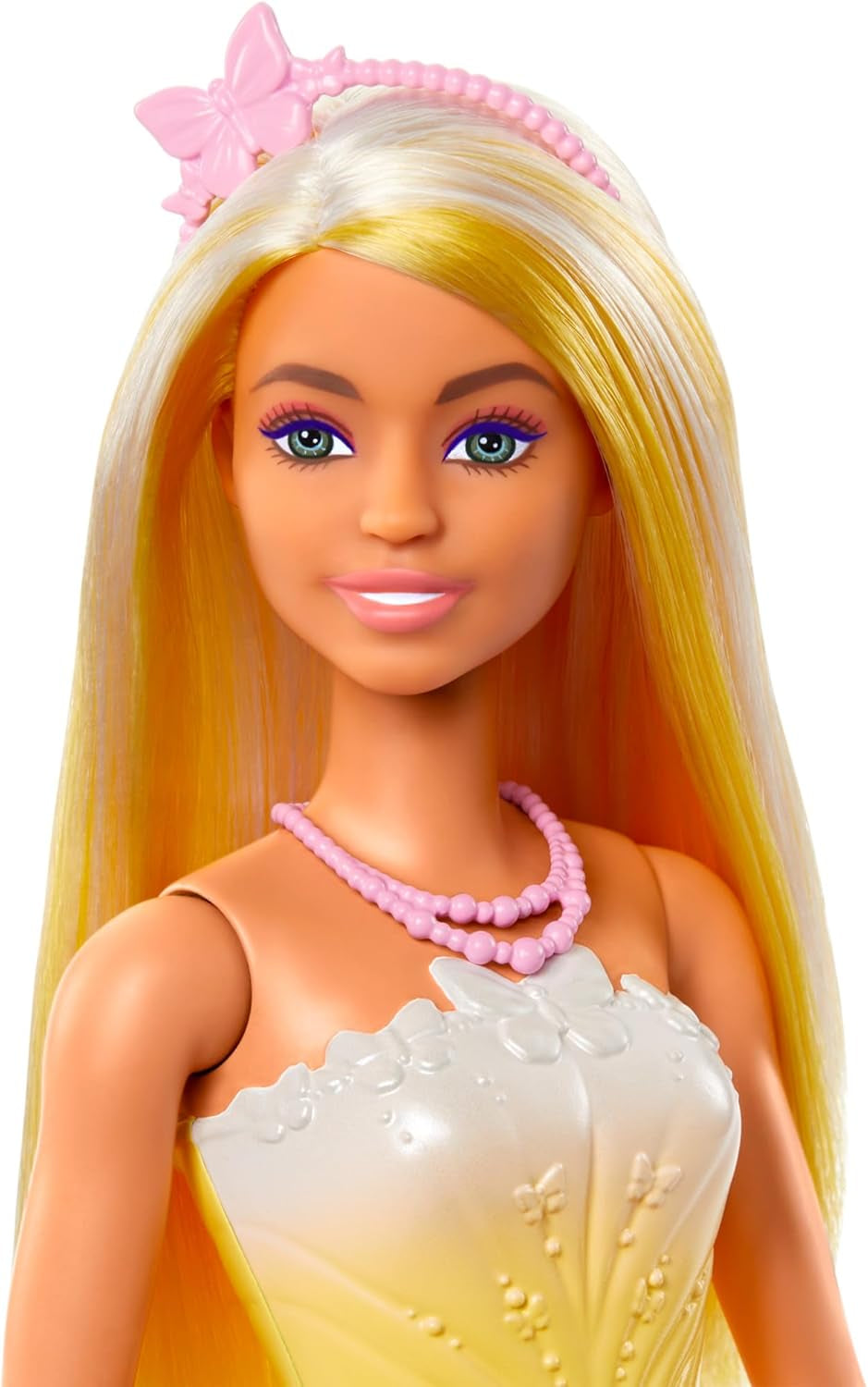Koninklijke Barbie-pop met mooi haar met kleurrijke strengen, kleurrijke accessoires, gele top en vlinderrok, HRR09 Naty Shop-poppen