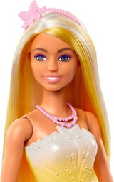 Koninklijke Barbie-pop met mooi haar met kleurrijke strengen, kleurrijke accessoires, gele top en vlinderrok, HRR09 Naty Shop-poppen