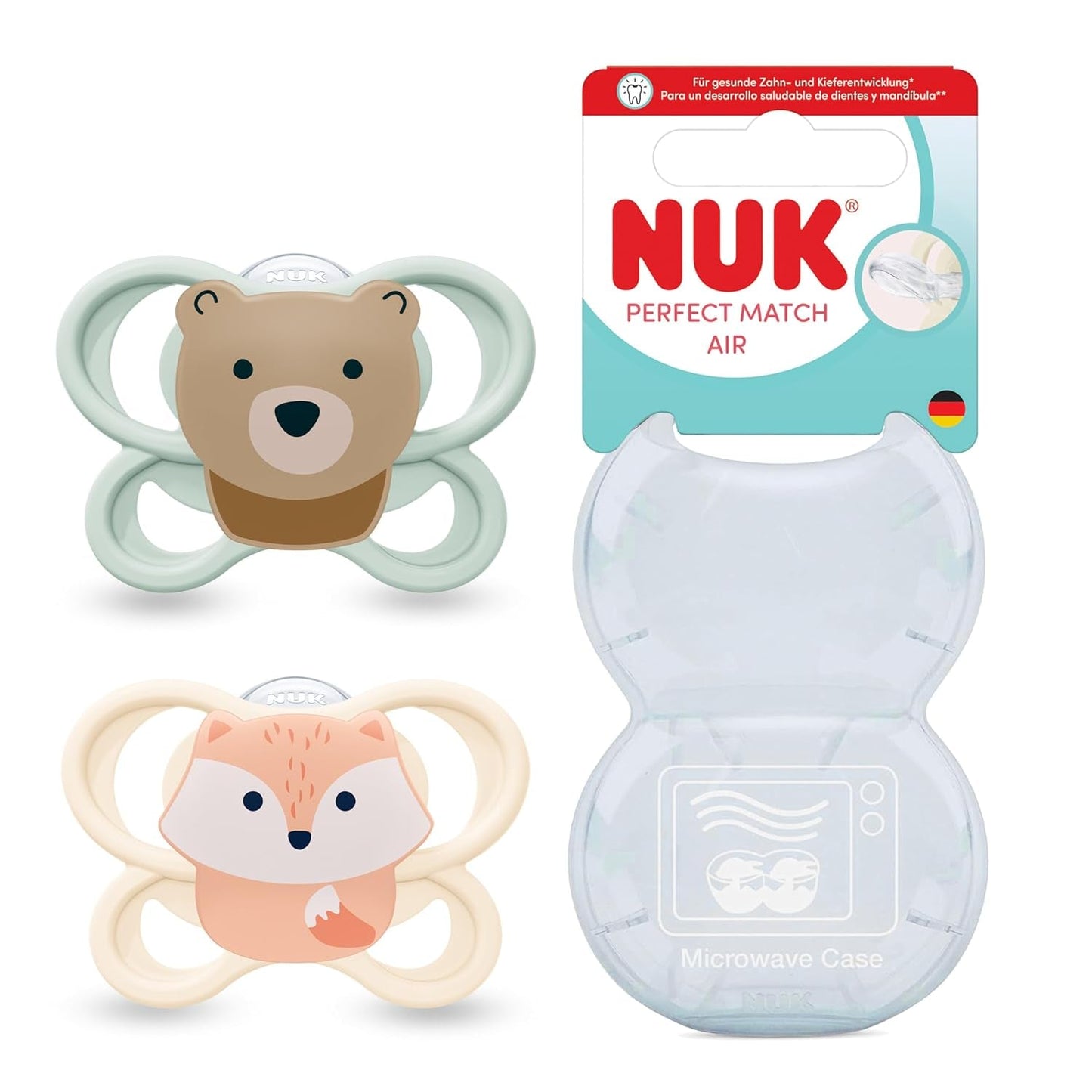 NUK Perfect Match luchtfopspenen voor baby's | 0-6 maanden | Orthodontische fopspenen die de luchtcirculatie bevorderen en kwijlen voorkomen | 95% acceptatie door baby's** | Vos/teddybeer | Pak van 2