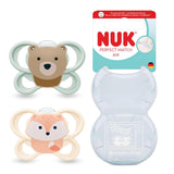 NUK Perfect Match luchtfopspenen voor baby's | 0-6 maanden | Orthodontische fopspenen die de luchtcirculatie bevorderen en kwijlen voorkomen | 95% acceptatie door baby's** | Vos/teddybeer | Pak van 2
