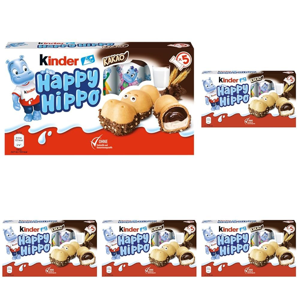 Kinder Happy Hippo Hazelnoot - Speciale knapperige wafels met melk en hazelnootcrème - Carnaval- en Mardi Gras-snoepjes - 1 pakje met 5 individuele repen van elk 20,7 g