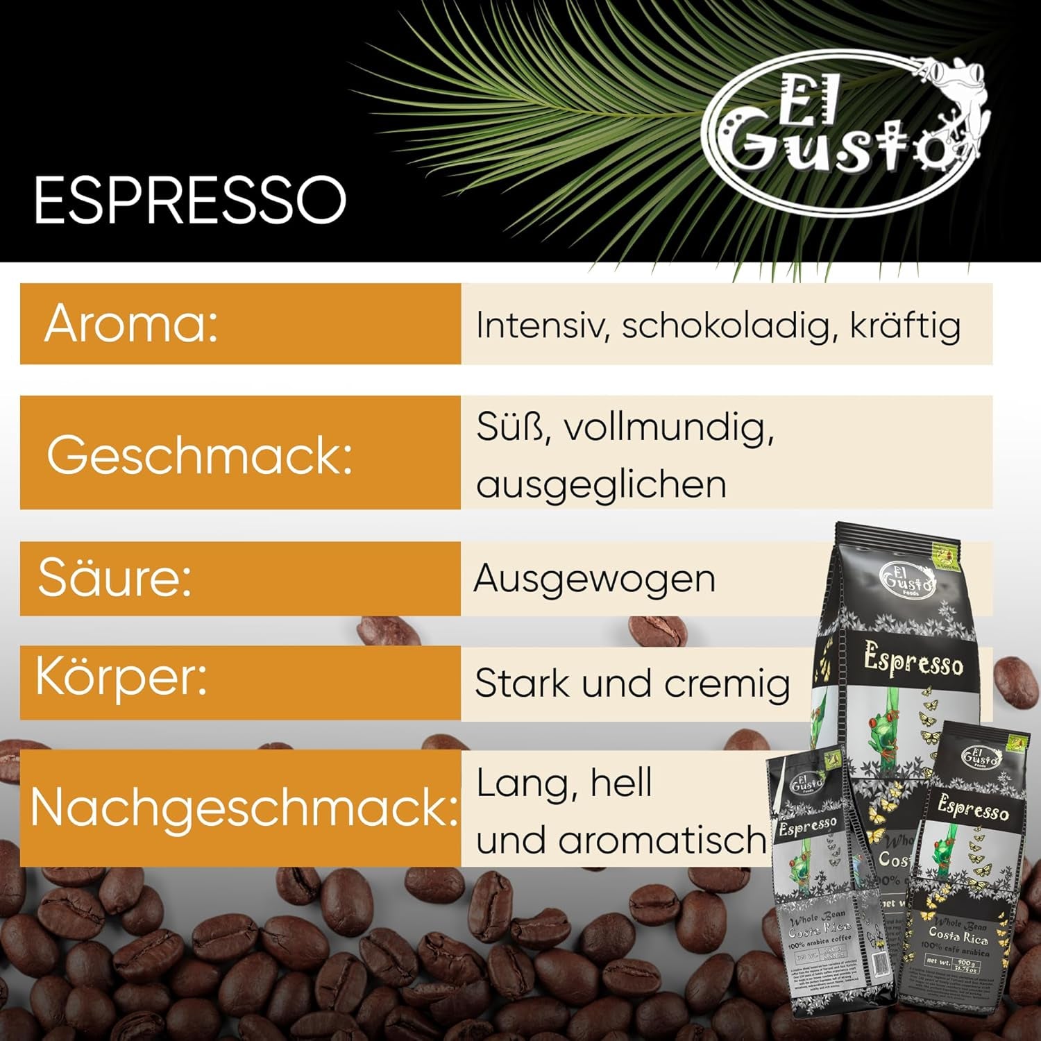 El Gusto Espresso Kaffee uit ganzen Bohnen uit Costa Rica, dunkel geröstet, creatieve Mischung, 100% Arabica, frischer Gourmet-Kaffee 3er Pack