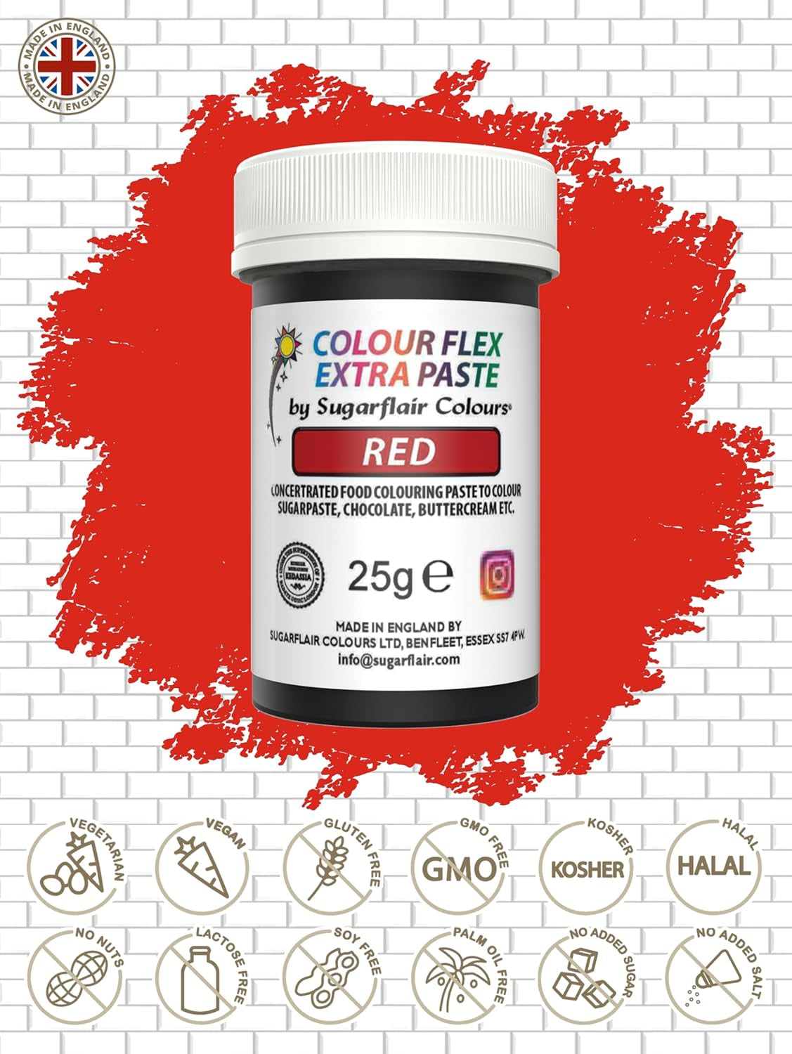 Sugarflair Colourflex Extra Paste voedingskleurstof, rood - Eetbare voedingskleurstof voor botercrème, chocolade, suikerpasta, glazuur, fondant, cakemixen, deeg en meer - 25g